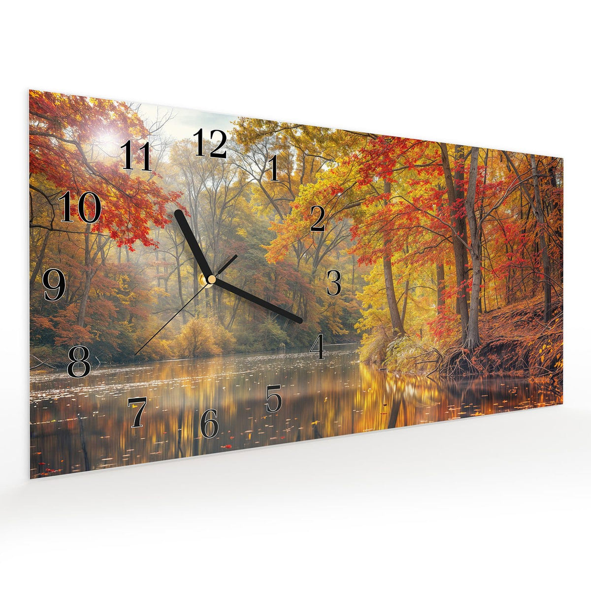 Vormontiert – mit Schwebeeffekt – Wanduhr Herbstwald See aus Glas – Querformat 60 × 30 cm