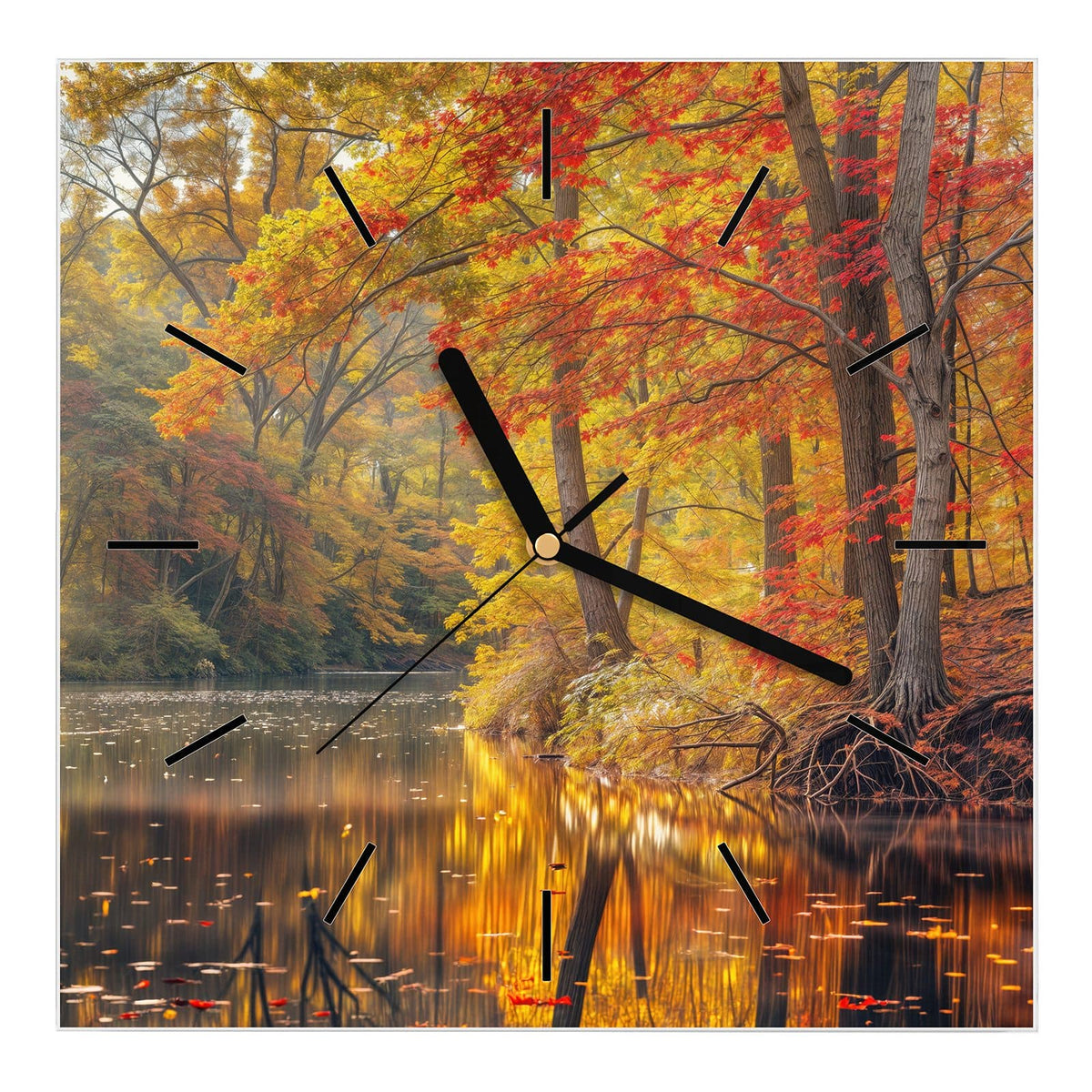 Wanduhr aus Glas, Ziffernblatt Linie mit Motiv Herbstfarben am Seeufer: Rot-gelbes Uferlaub spiegelt sich in einem stillen See, Blätter treiben auf dem Wasser
