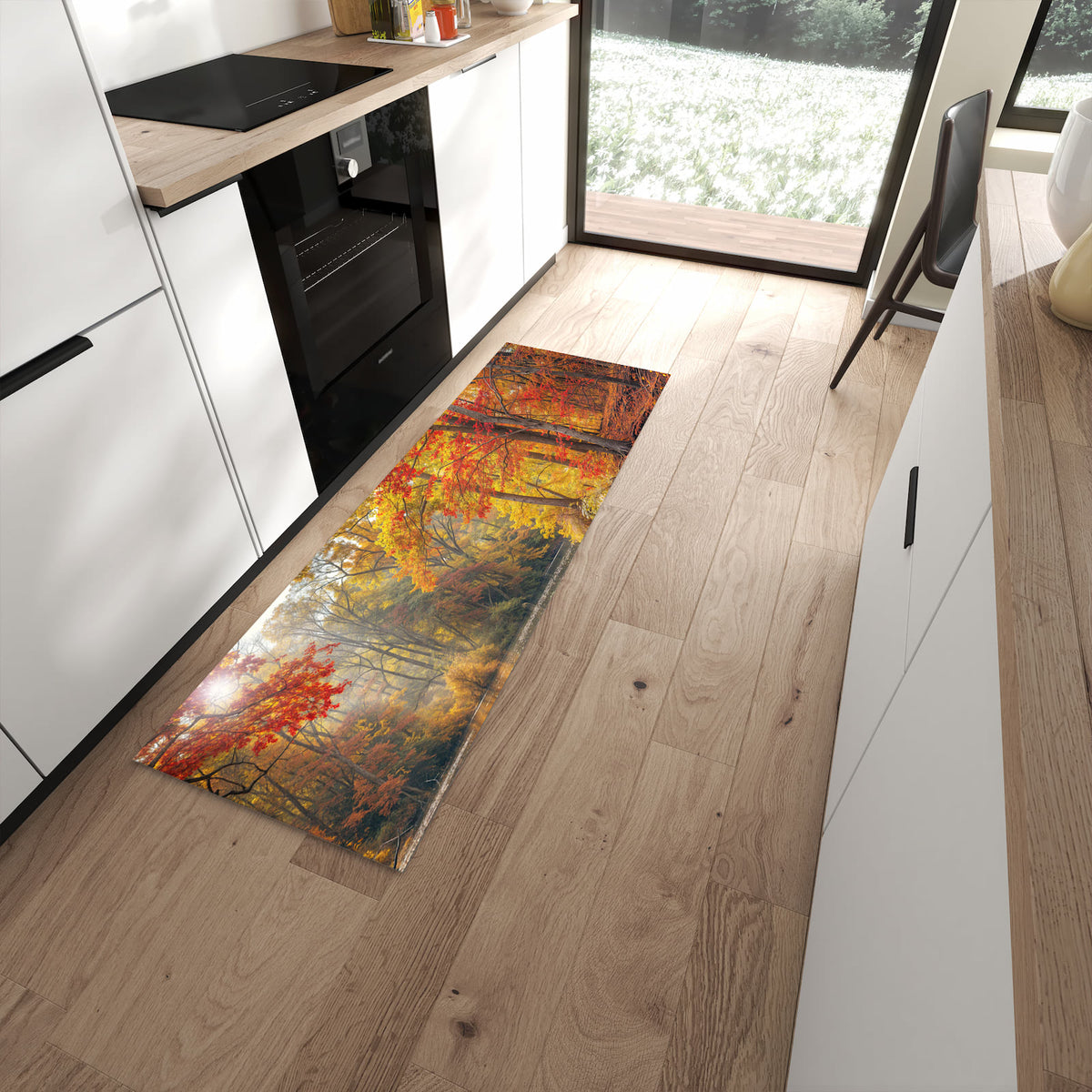 Abriebfester waschbarer Teppich fürs Esszimmer mit Motiv Herbstwald See in moderner Küche