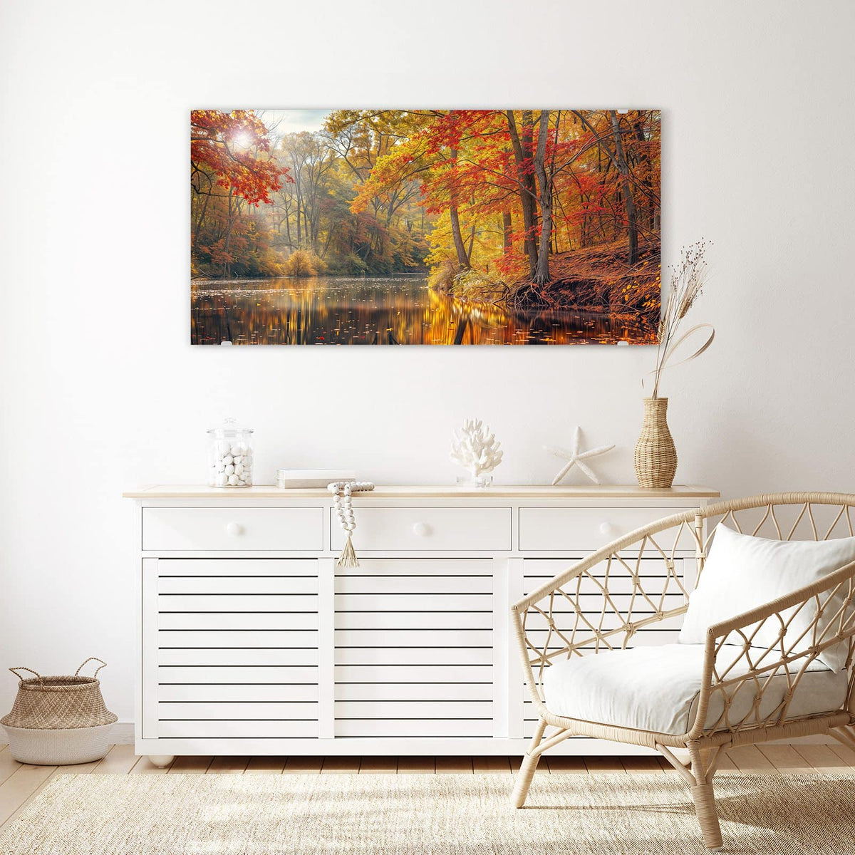Echtglas, 4 mm – kein Acryl, keine Folie – Wandbild - Herbstfarben am Seeufer - Querformat