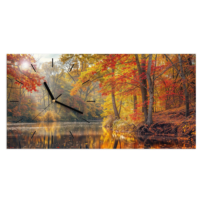 Wanduhr Herbstwald See aus Glas – Querformat 60 × 30 cm mit Ziffernblatt Linie