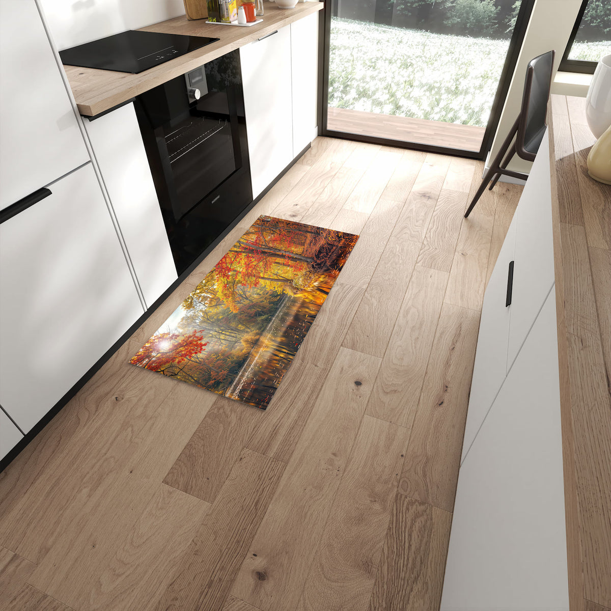 Rutschfester dünner Teppich mit Motiv Herbstwald See spart Zeit in moderner Küche #grösse_60 x 120 cm