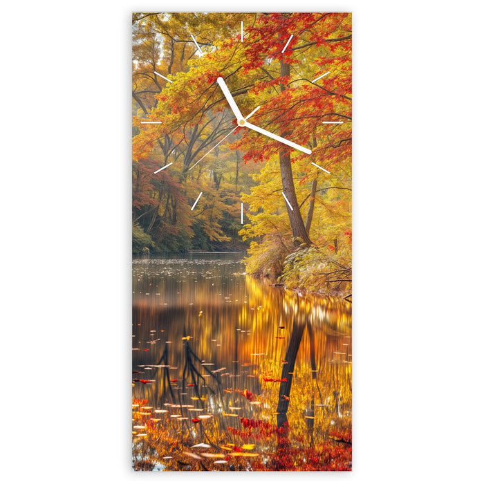 Wanduhr Herbstwald See aus Glas – Hochformat 30 × 60 cm mit Ziffernblatt Linie