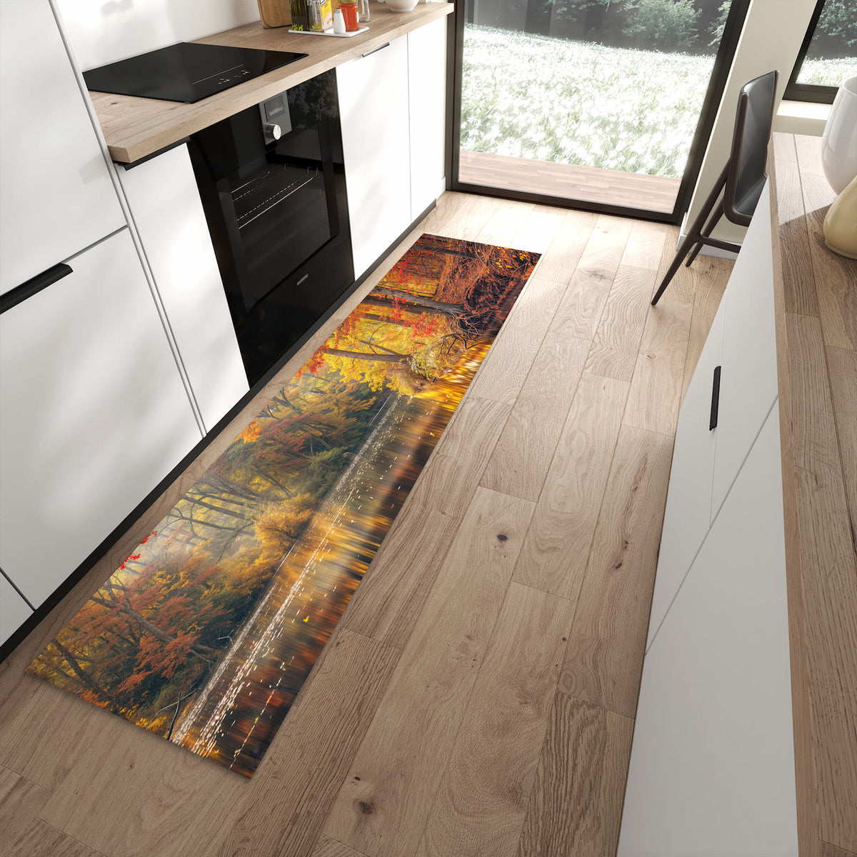 UV-beständiger waschbarer Teppich für Esstisch mit Motiv Herbstwald See in moderner Küche