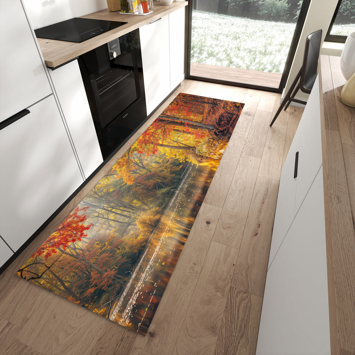 Geruchsneutraler waschbarer Küchenteppich mit Motiv Herbstwald See in moderner Küche