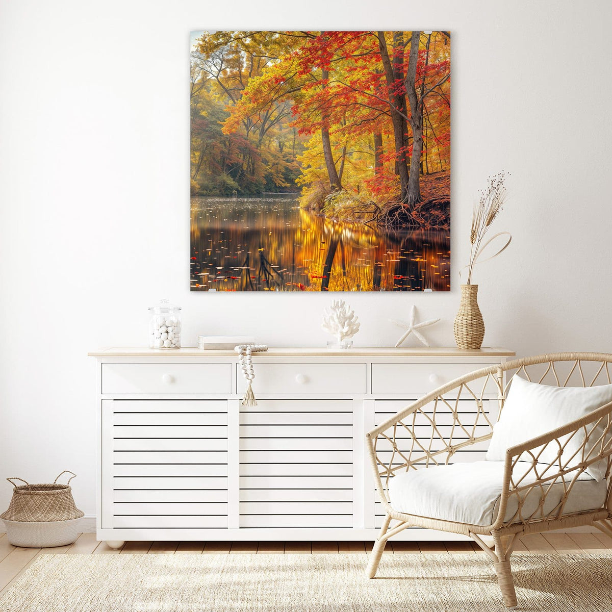 Echtglas, 4 mm – kein Acryl, keine Folie – Wandbild - Herbstfarben am Seeufer - Quadratisch