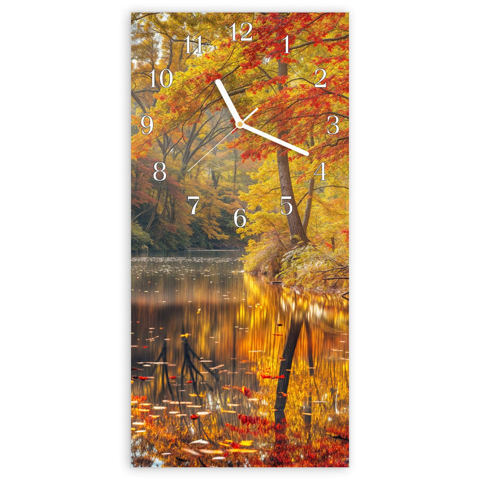 Wanduhr Herbstwald See aus Glas – Hochformat 30 × 60 cm mit Ziffernblatt Klassisch
