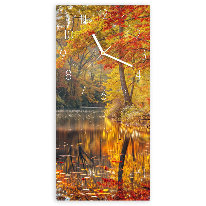 Wanduhr Herbstwald See aus Glas – Hochformat 30 × 60 cm mit Ziffernblatt Elegant