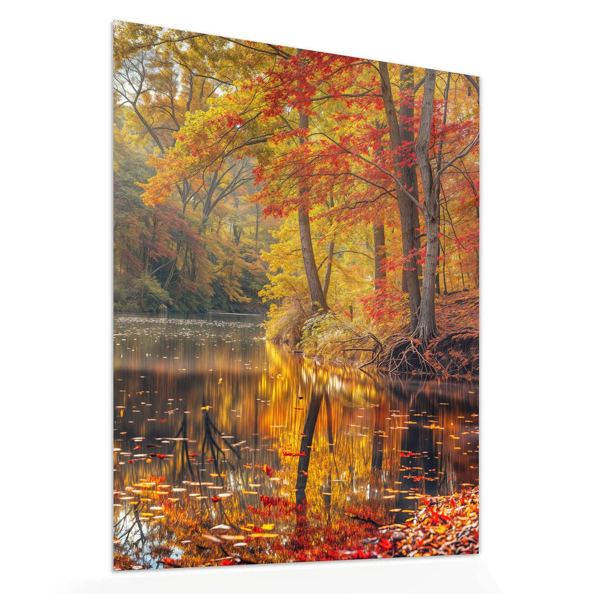 Echtglas, 4 mm – kein Acryl, keine Folie – Wandbild - Herbstfarben am Seeufer - Hochformat