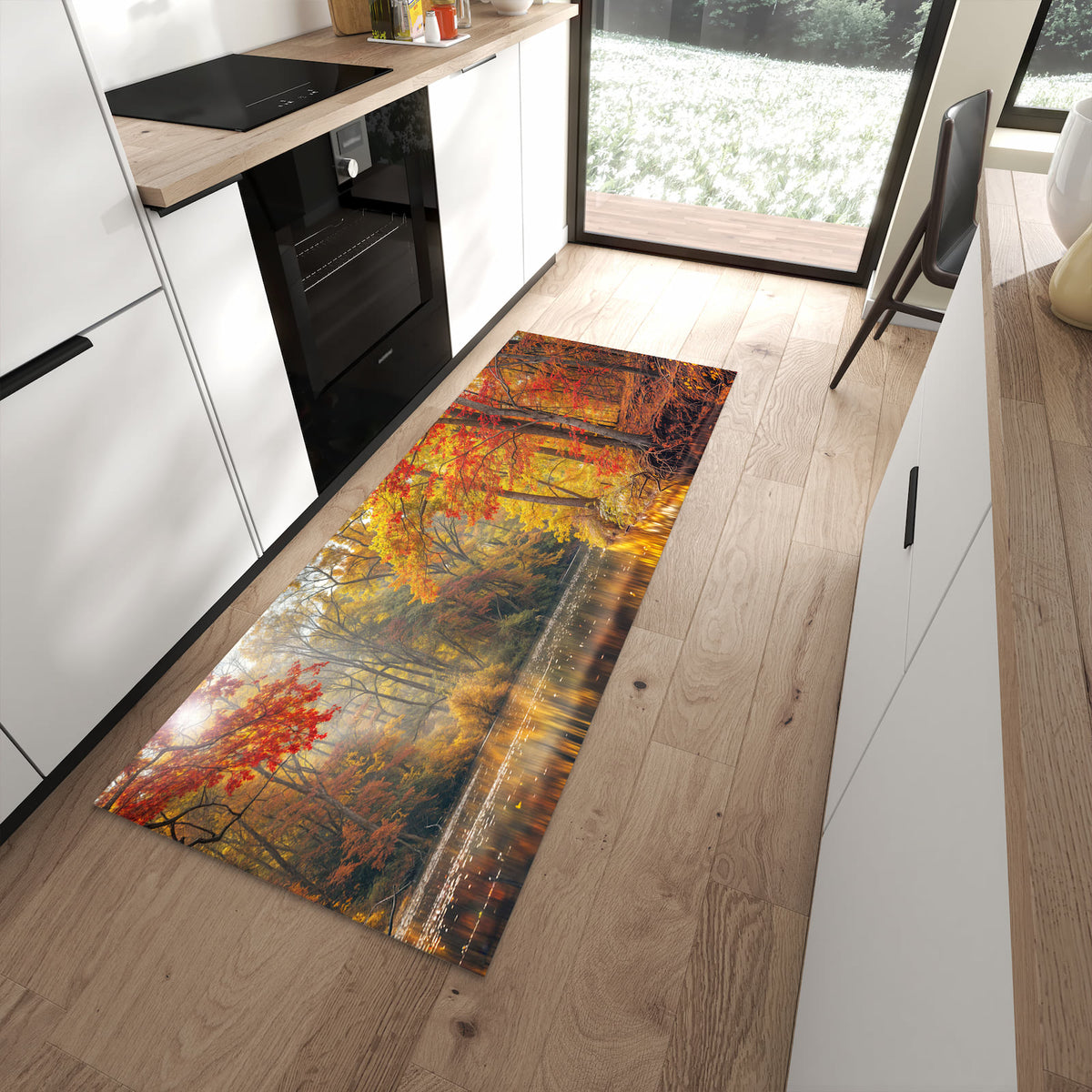 Schmutzabweisender Küchenteppich mit Motiv Herbstwald See in moderner Küche
