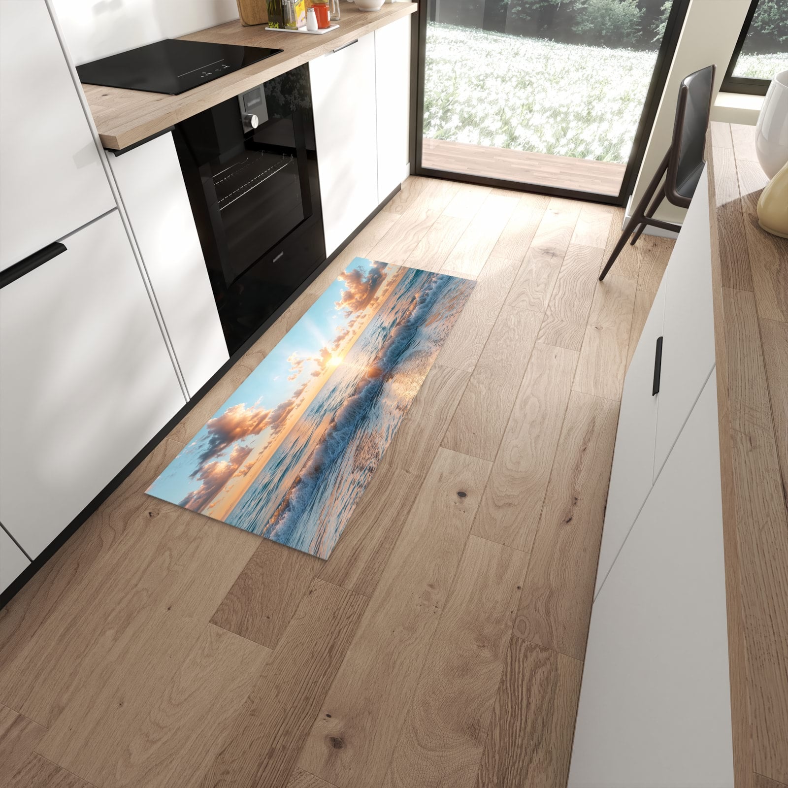 Hygienischer Küchenteppich mit Motiv Strand Sonnenuntergang in moderner Küche #grösse_60 x 150 cm