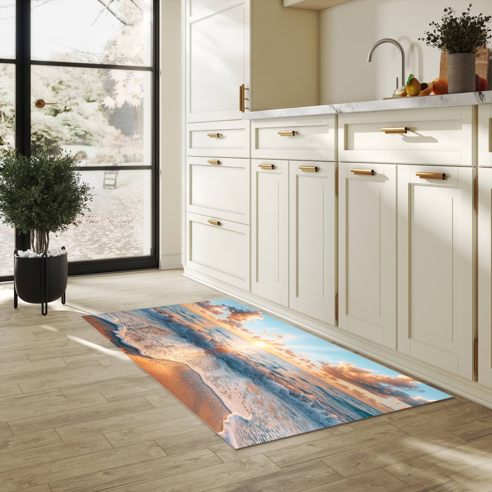 Rutschfester dünner Küchenteppich mit Motiv Strand Sonnenuntergang in heller Küche