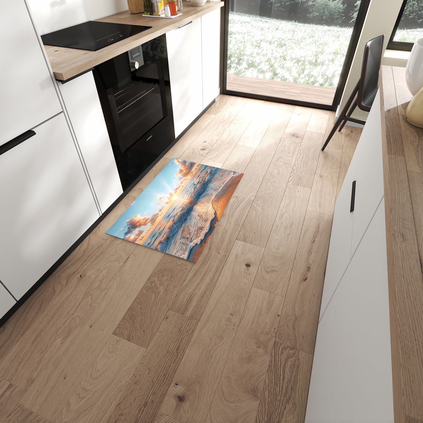 Feuchtigkeitsresistenter Teppichläufer mit Motiv Strand Sonnenuntergang in moderner Küche