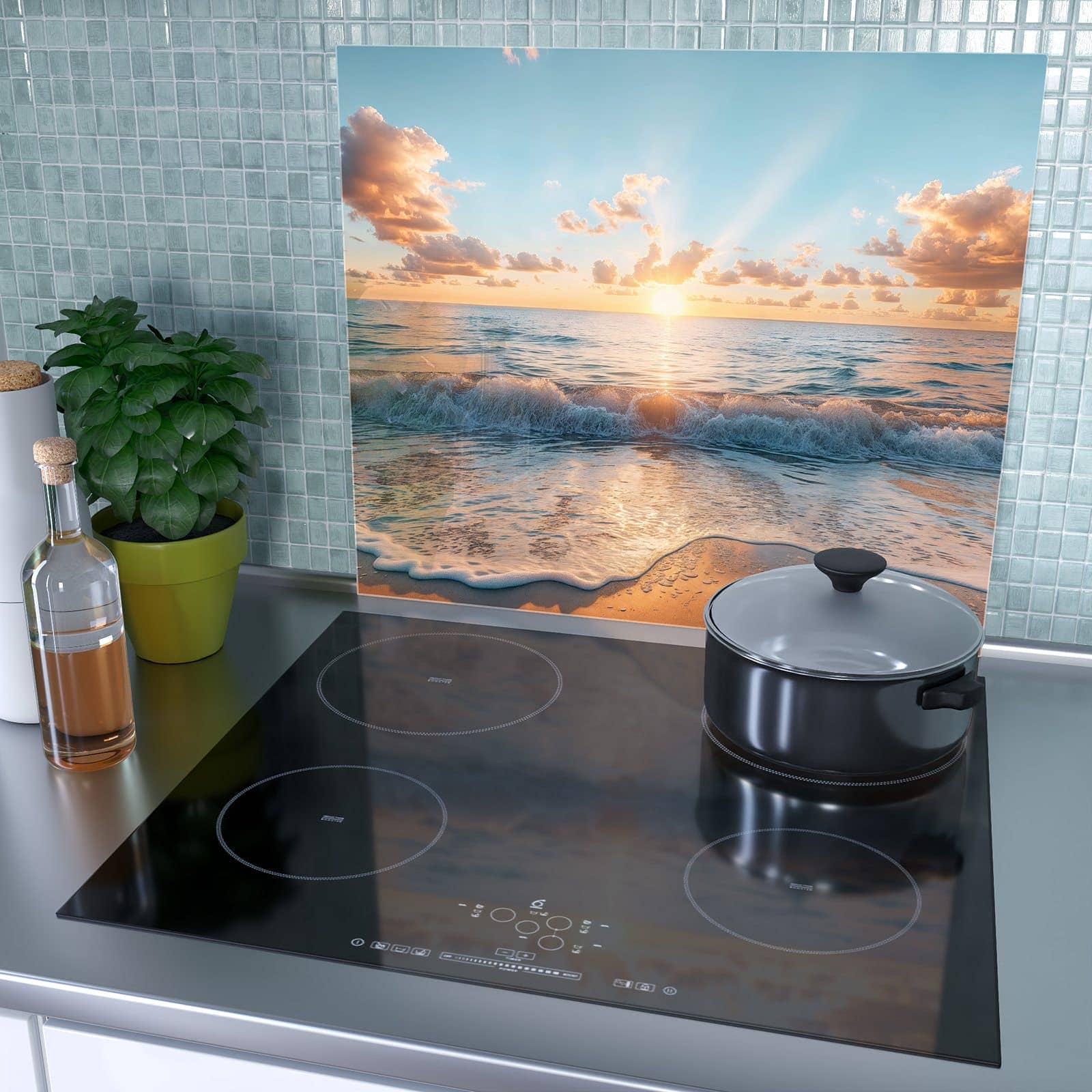 1-teilige Herdabdeckplatten für Ceranfeld mit Strand Sonnenuntergang-Motiv als Spritzschutz hinter dem Kochfeld