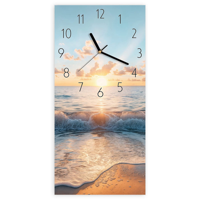 Wanduhr Strand Sonnenuntergang aus Glas – Hochformat 30 × 60 cm mit Ziffernblatt Elegant