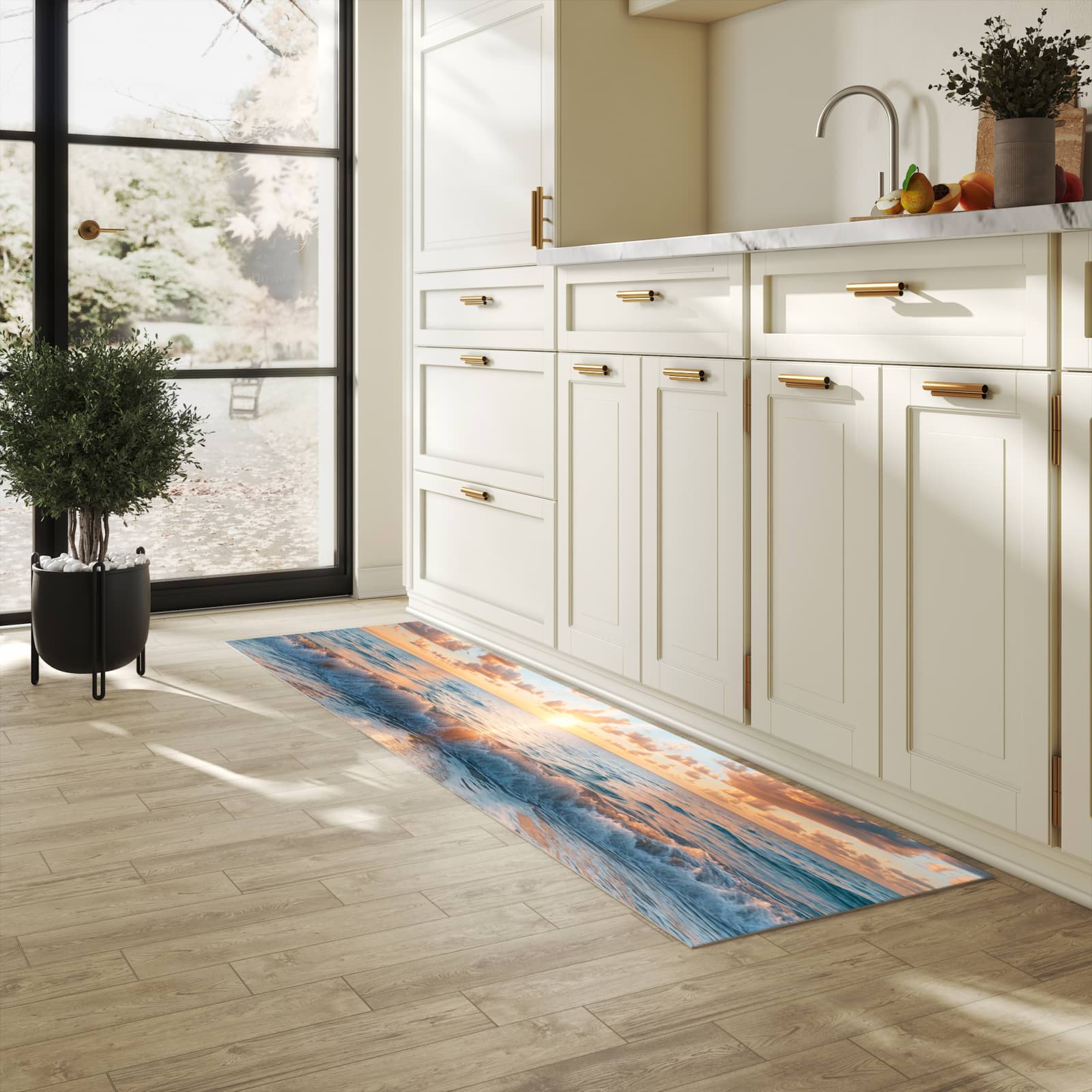 Wasserabweisender Teppichläufer mit Motiv Strand Sonnenuntergang in heller Küche