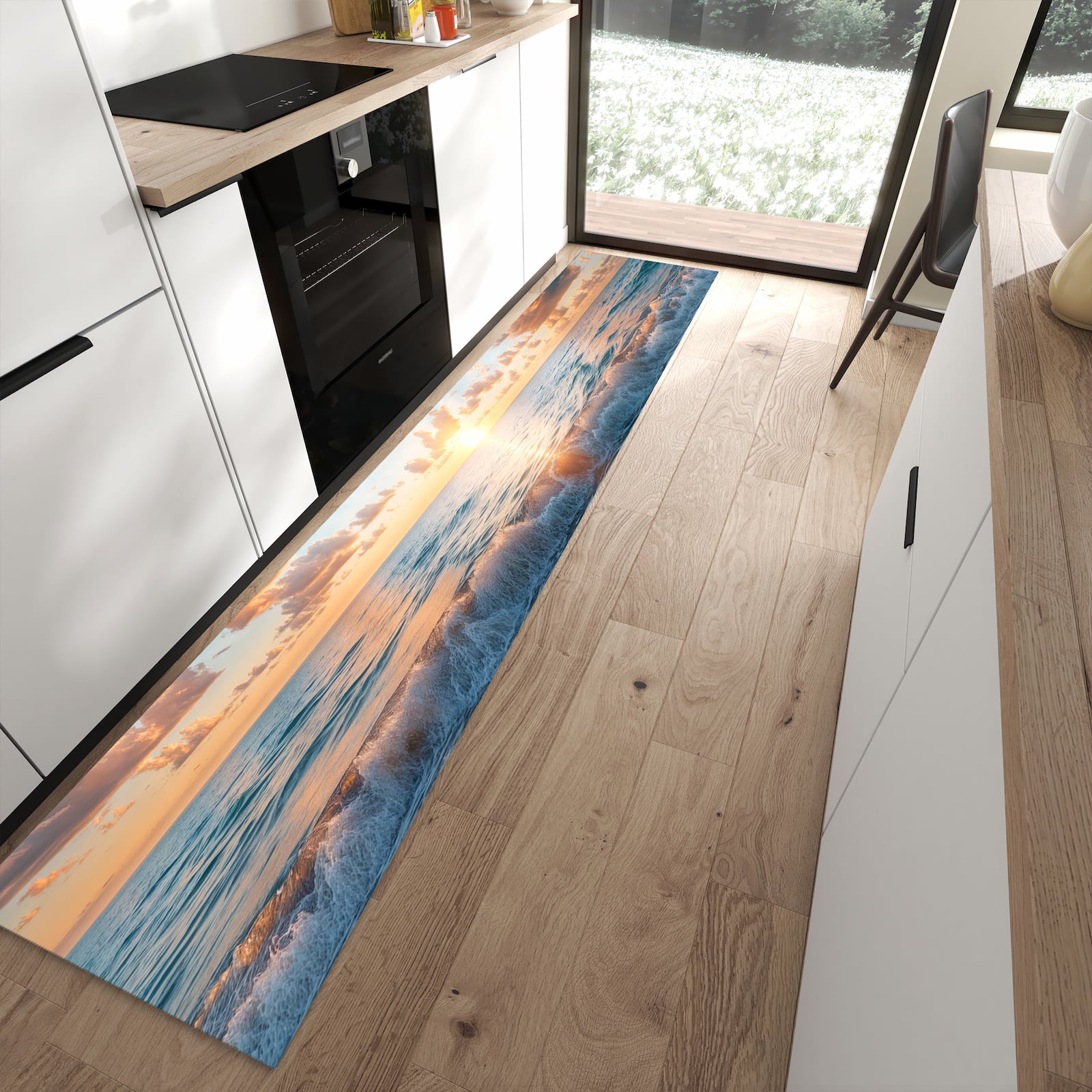 Rutschfester Küchenläufer mit Motiv Strand Sonnenuntergang in moderner Küche