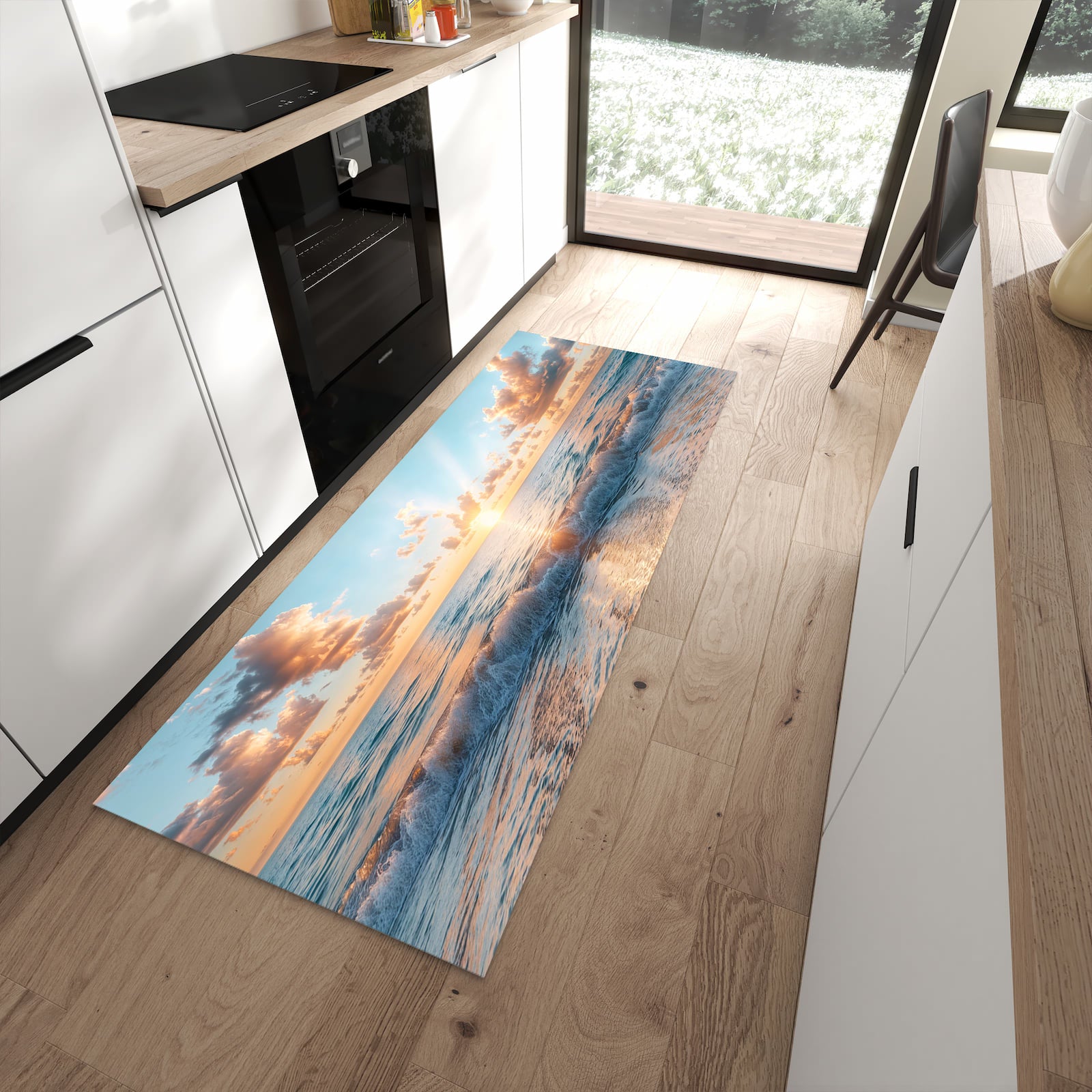 Bodenschonender waschbarer Läufer für die Küche mit Motiv Strand Sonnenuntergang in moderner Küche