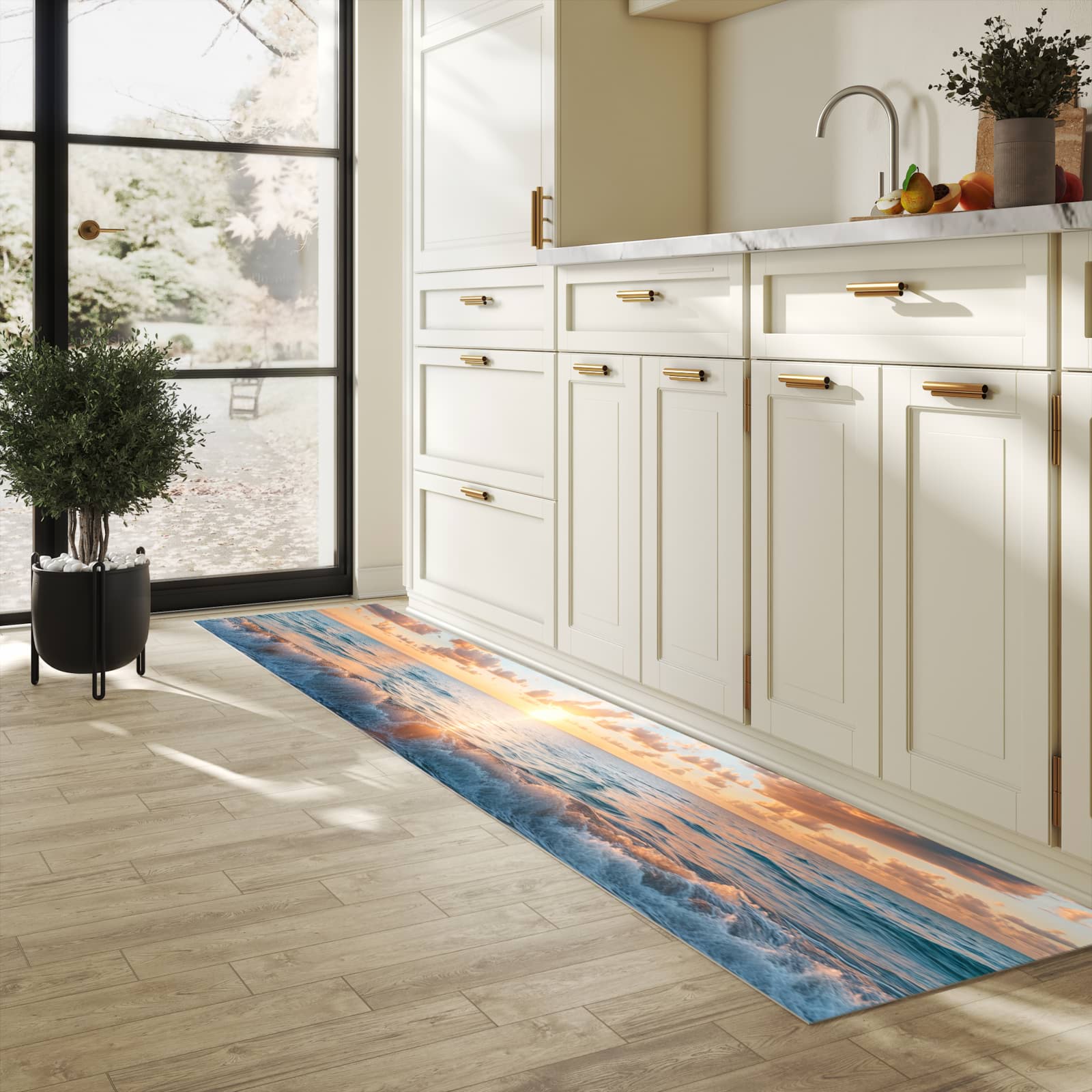 Schmutzabweisender waschbarer Küchenläufer mit Motiv Strand Sonnenuntergang in heller Küche