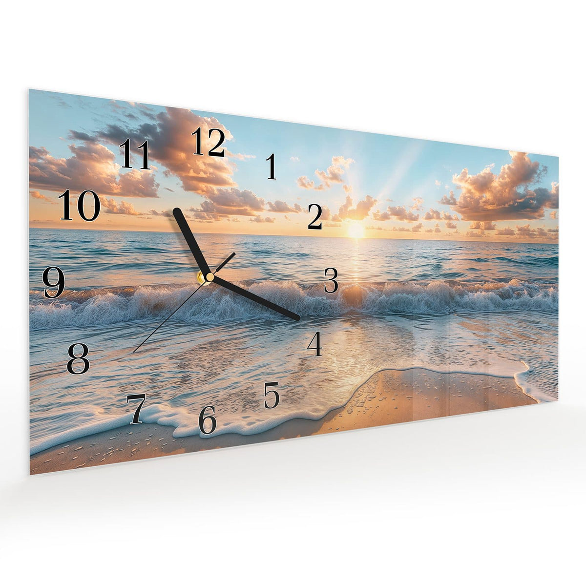 Vormontiert – mit Schwebeeffekt – Wanduhr Strand Sonnenuntergang aus Glas – Querformat 60 × 30 cm