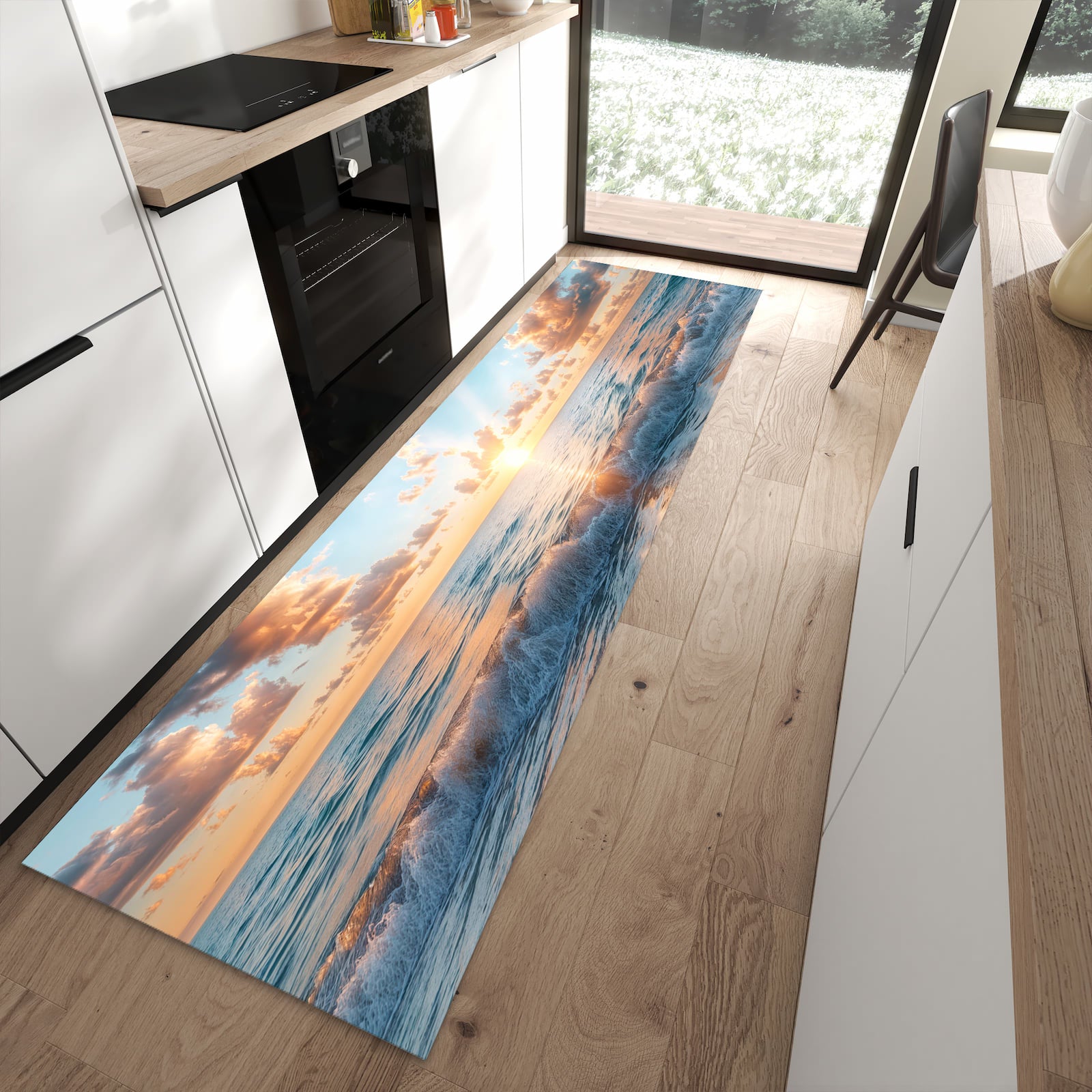 Bodenschonender langer Teppich mit Motiv Strand Sonnenuntergang in moderner Küche