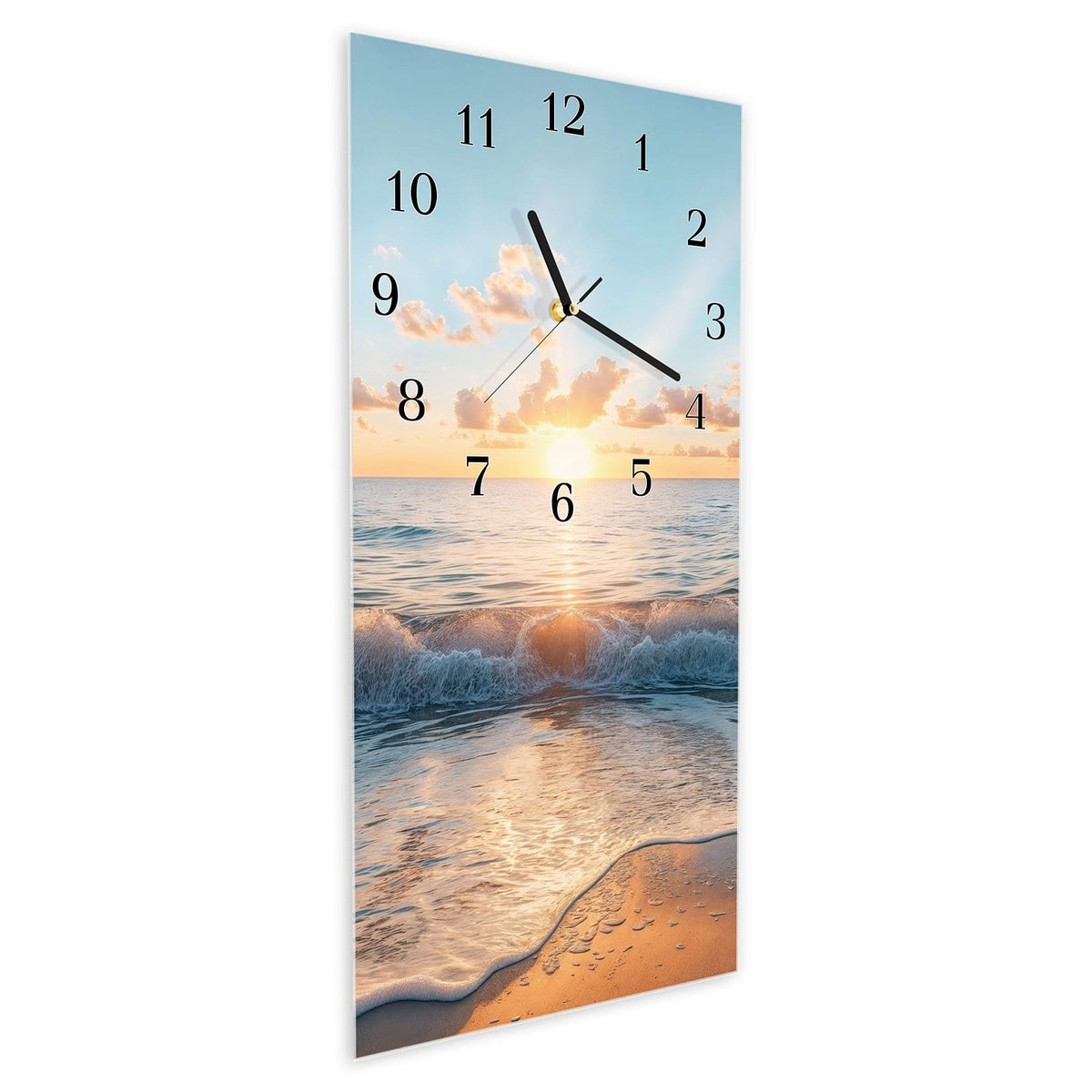 Vormontiert – mit Schwebeeffekt – Wanduhr Strand Sonnenuntergang aus Glas – Hochformat 30 × 60 cm
