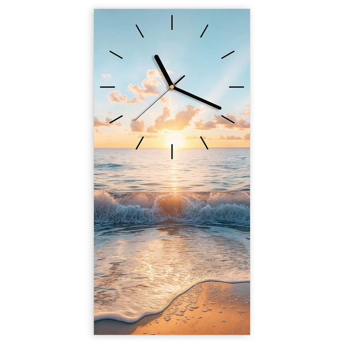 Wanduhr Strand Sonnenuntergang aus Glas – Hochformat 30 × 60 cm mit Ziffernblatt Linie