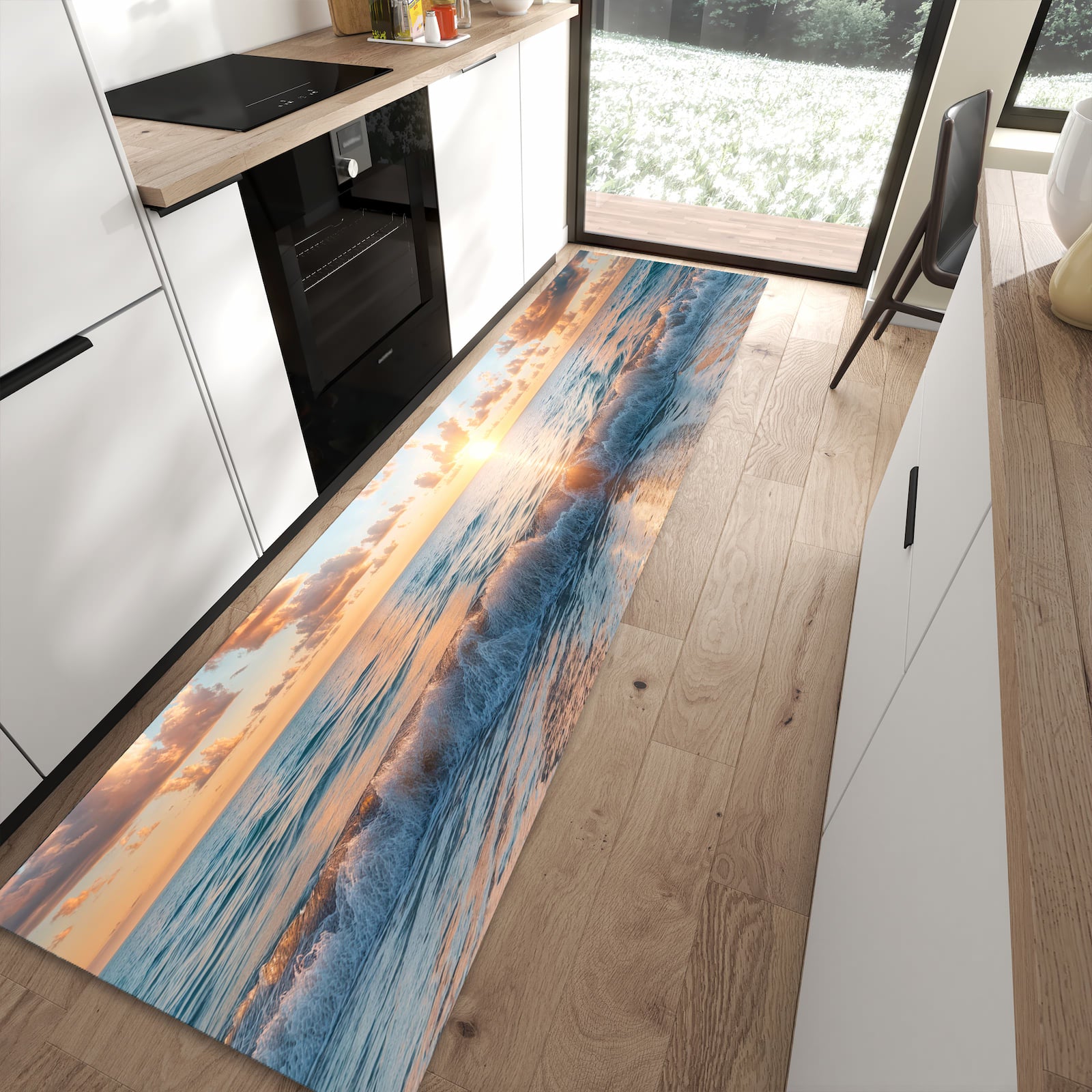 Farbbeständiger Läufer für den Eingangsbereich mit Motiv Strand Sonnenuntergang in moderner Küche