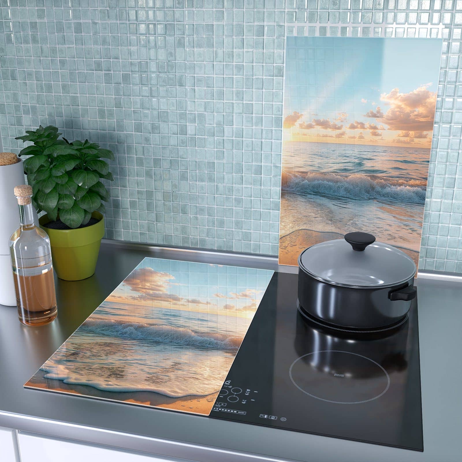 2-teilige Herdabdeckplatten aus Glas mit Strand Sonnenuntergang-Motiv als Spritzschutz hinter dem Kochfeld