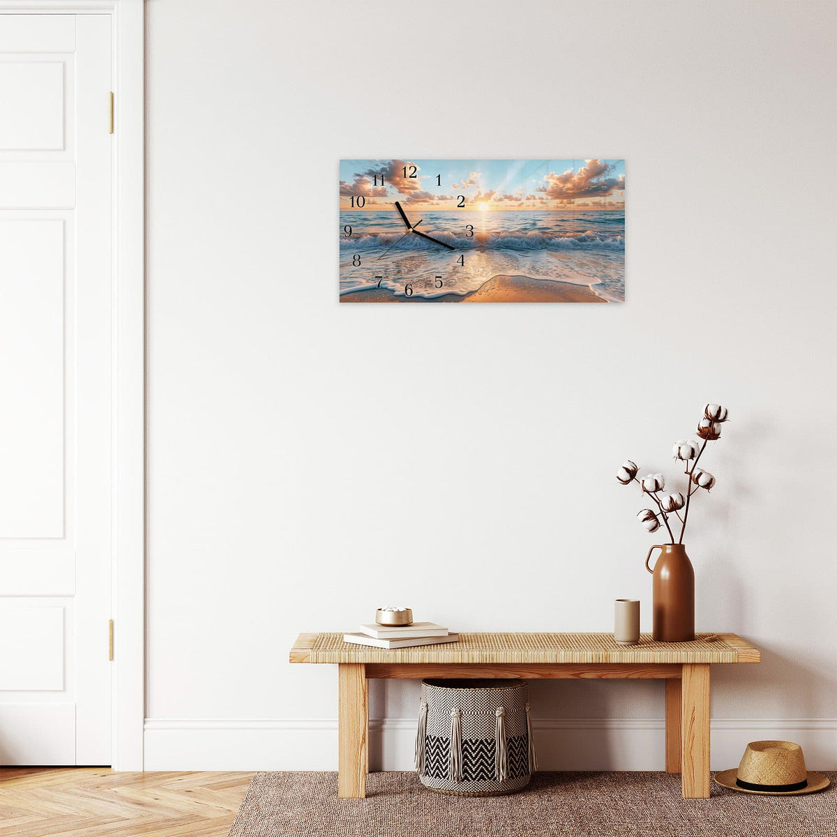 Moderne Wanduhr aus Glas mit Farbtiefe – Wanduhr Strand Sonnenuntergang aus Glas – Querformat 60 × 30 cm