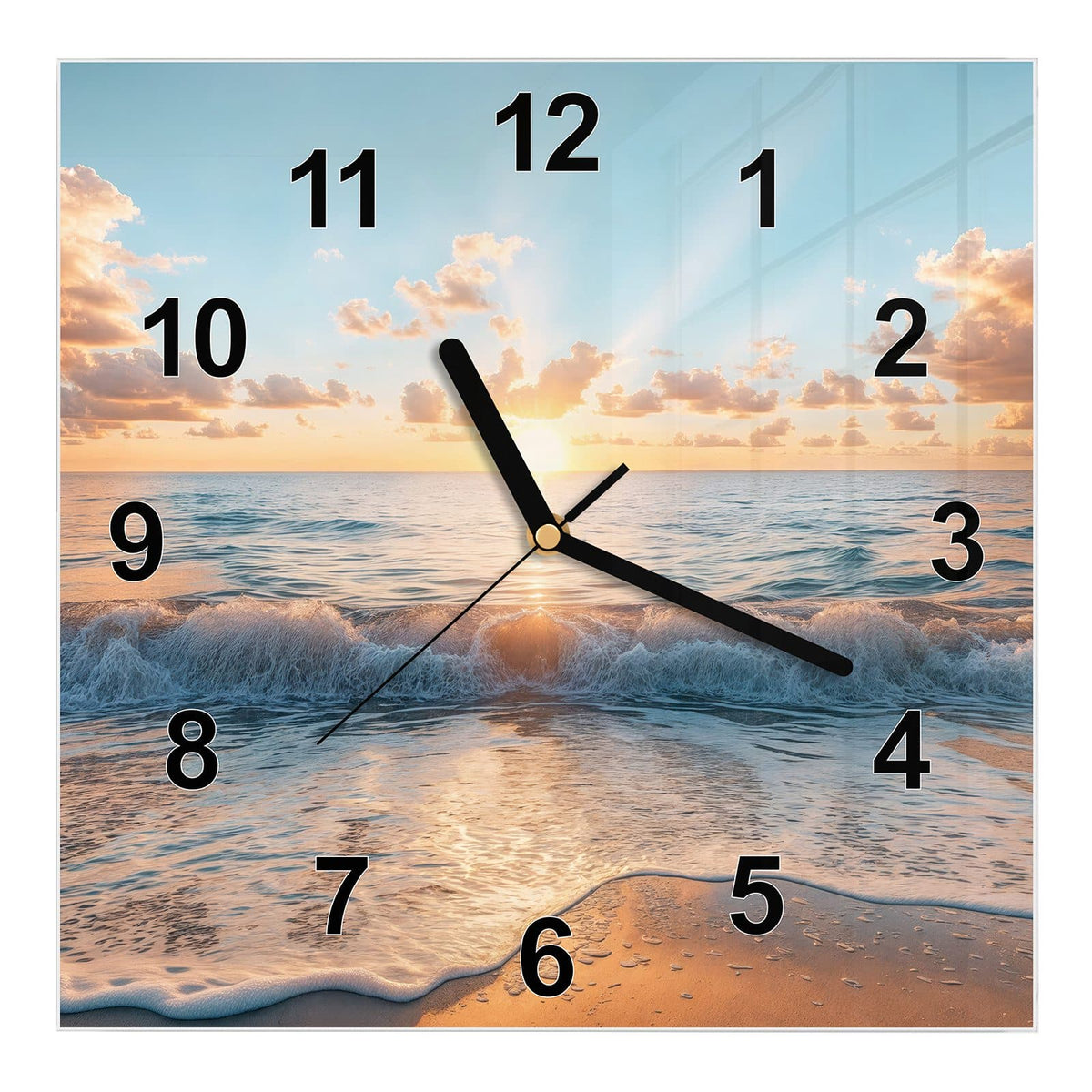Wanduhr aus Glas, Ziffernblatt Modern mit Motiv Sonne über der Brandung: Kleine helle Sonne knapp über dem Horizont #ziffernblatt_Modern