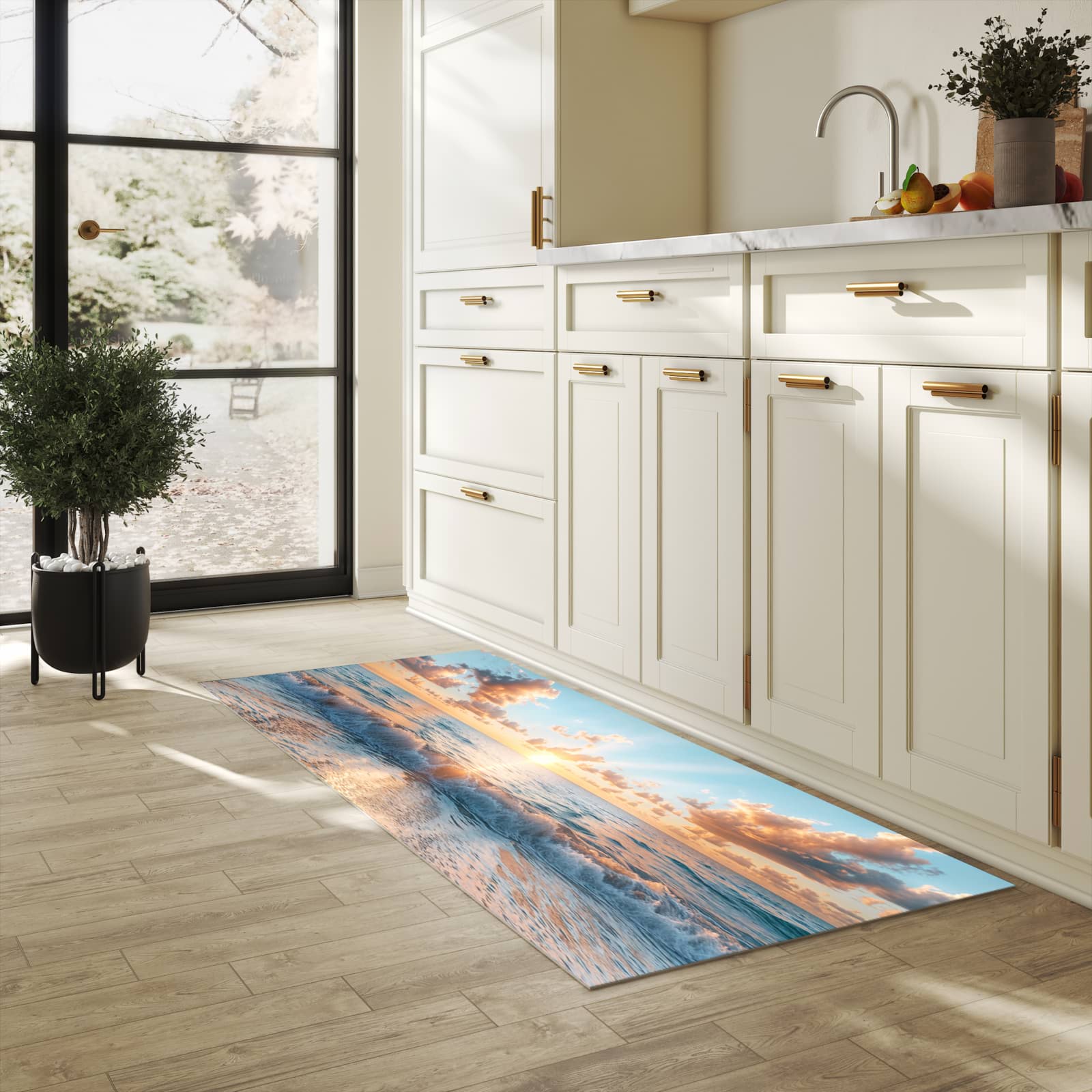 Langlebiger Läufer mit Motiv Strand Sonnenuntergang für Eingangsbereich in heller Küche