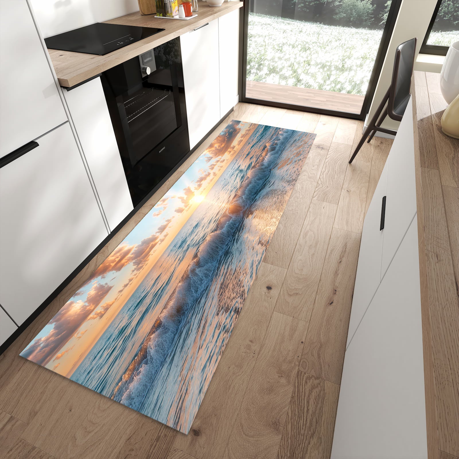 Waschbarer Küchenläufer mit Motiv Strand Sonnenuntergang für Ordnung in moderner Küche