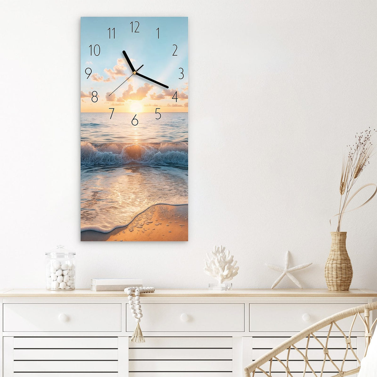 Wanduhr Strand Sonnenuntergang aus Glas – Goldene Sonne über schäumender Brandung