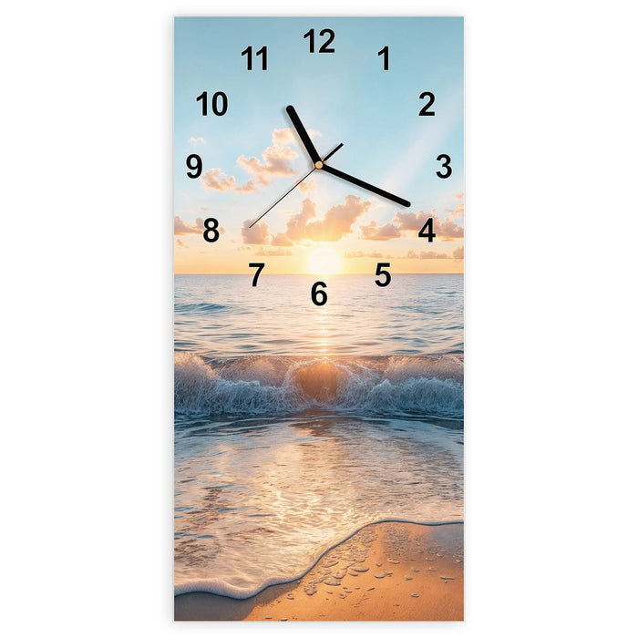 Wanduhr Strand Sonnenuntergang aus Glas – Hochformat 30 × 60 cm mit Ziffernblatt Modern