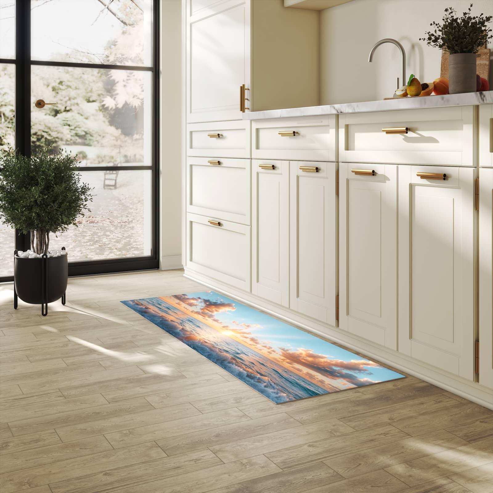 Komfortabler Küchenläufer mit Motiv Strand Sonnenuntergang in heller Küche für angenehmes Stehen