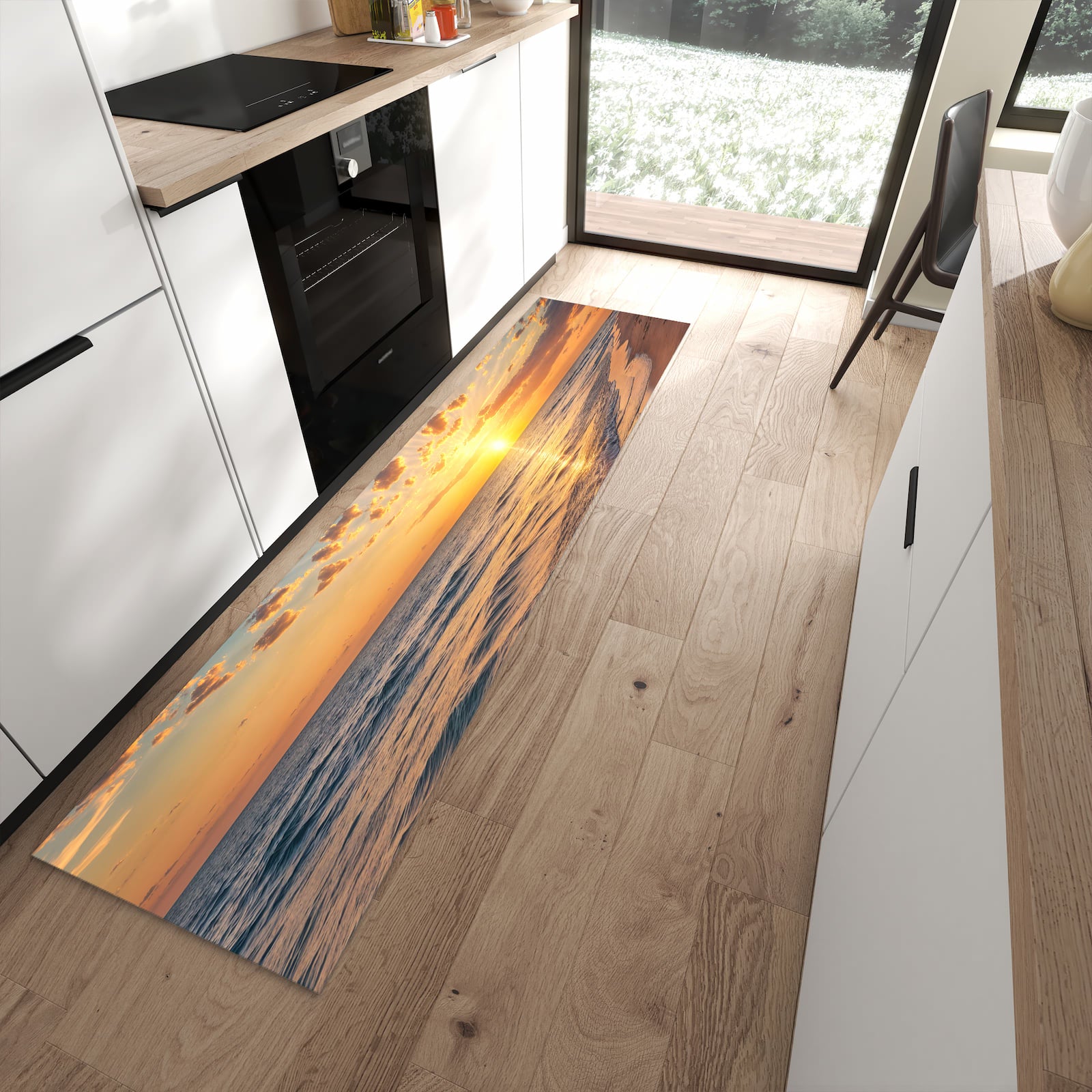 Wasserabweisender Küchenteppich mit Motiv Sonnenaufgang Meer in moderner Küche