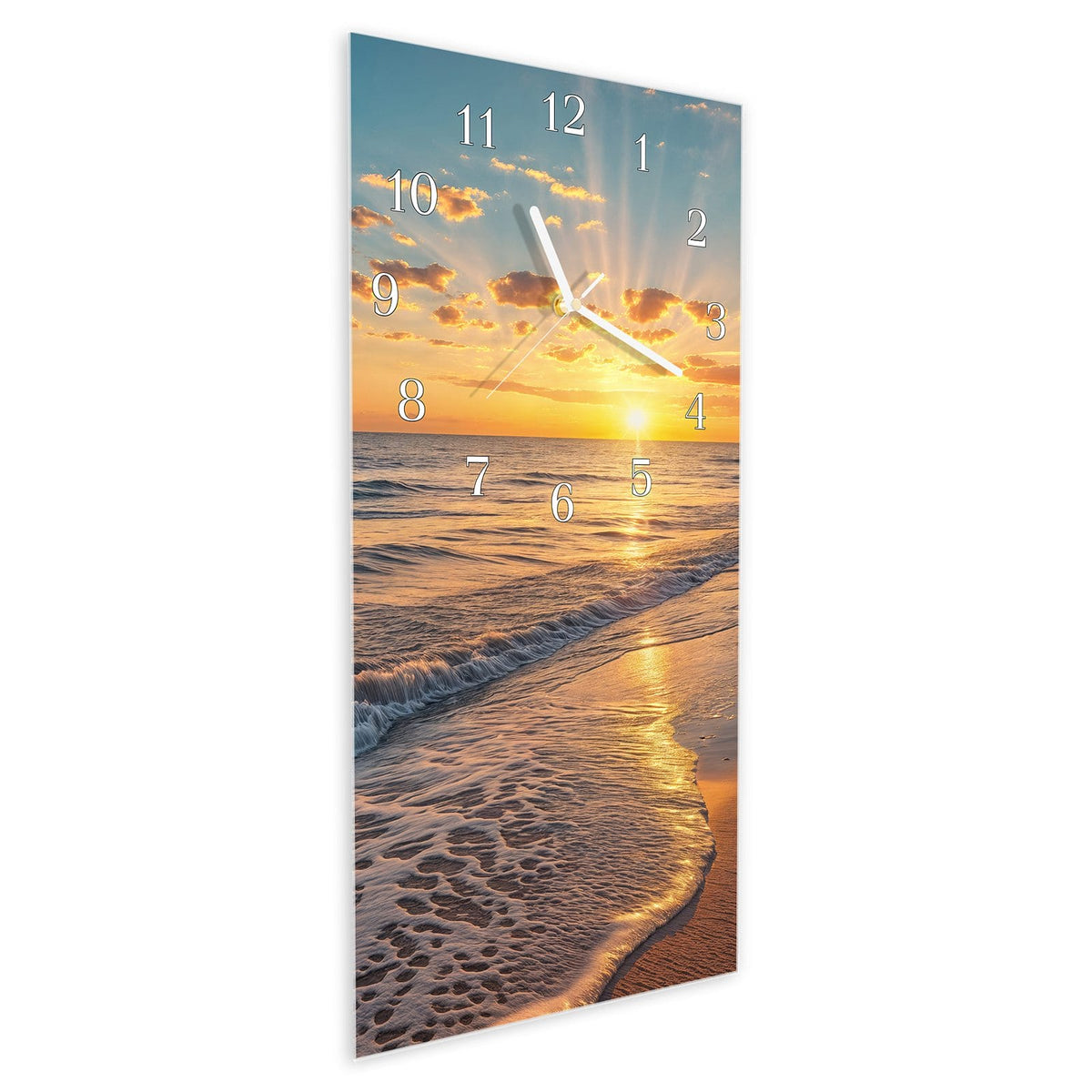 Vormontiert – mit Schwebeeffekt – Wanduhr Sonnenaufgang Meer aus Glas – Hochformat 30 × 60 cm