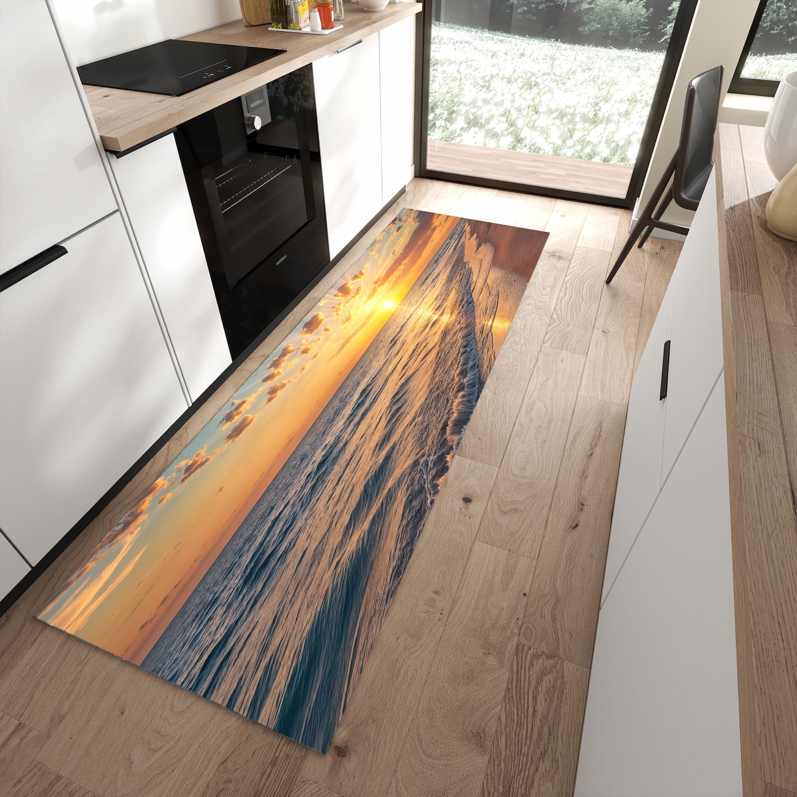 Flacher Küchenteppich mit Motiv Sonnenaufgang Meer in moderner Küche