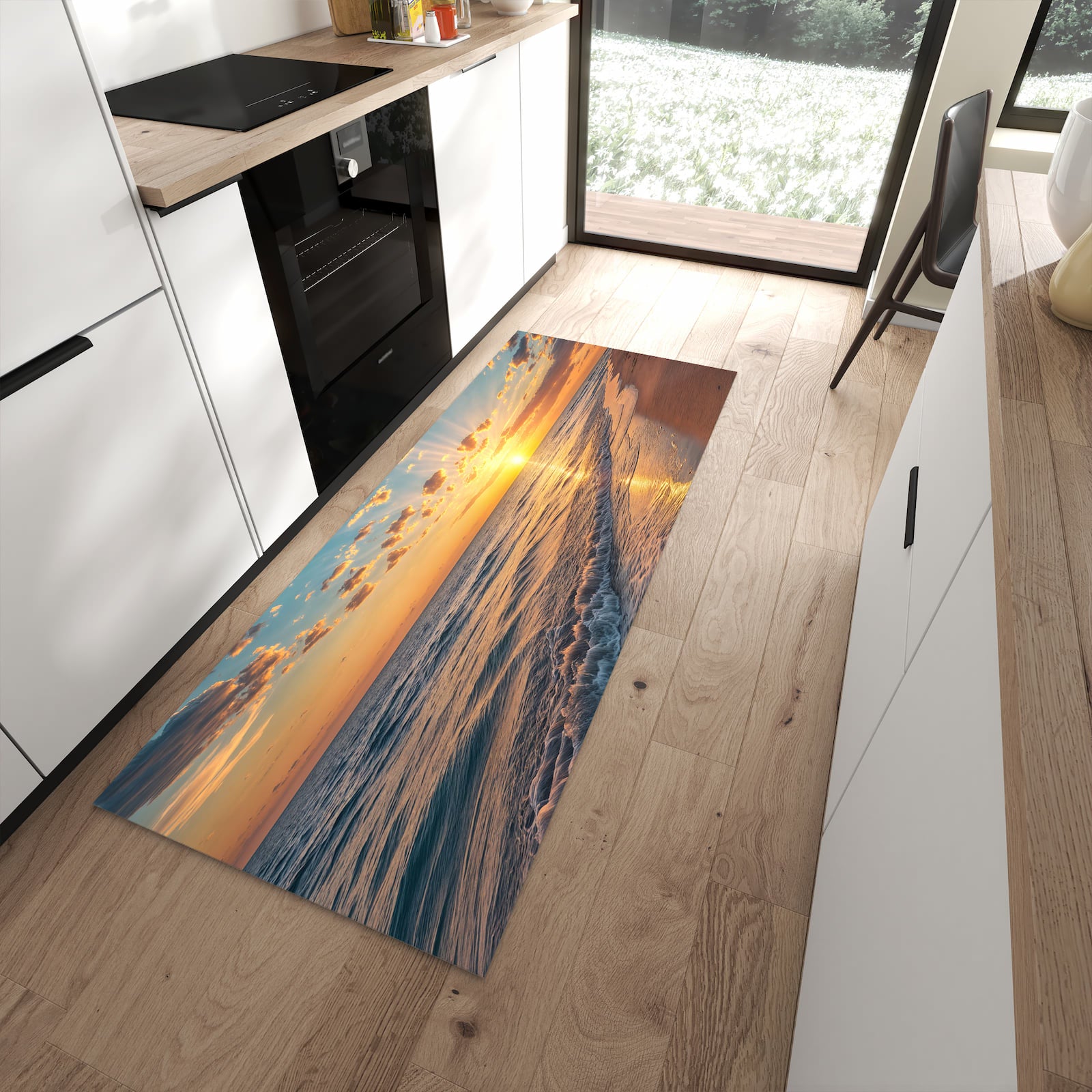 Langlebiger Küchenteppich mit Motiv Sonnenaufgang Meer in moderner Küche