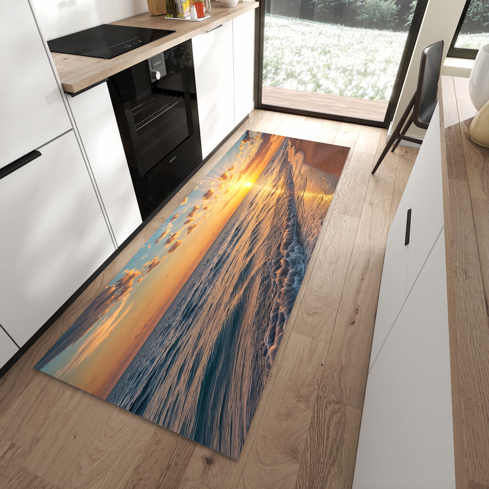 Pflegeleichter Küchenläufer mit Motiv Sonnenaufgang Meer in moderner Küche