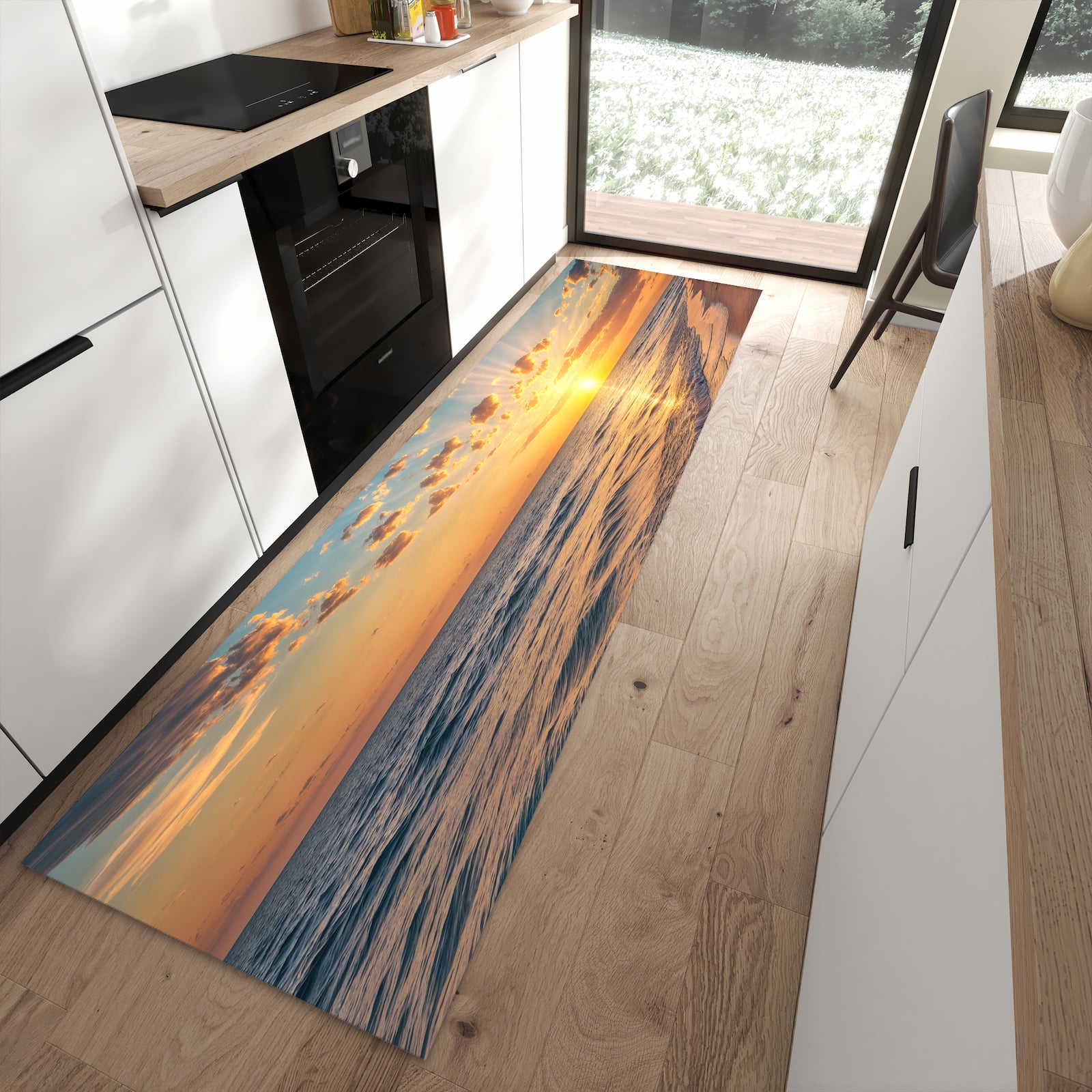 Pflegeleichter Küchenteppich mit Motiv Sonnenaufgang Meer in moderner Küche