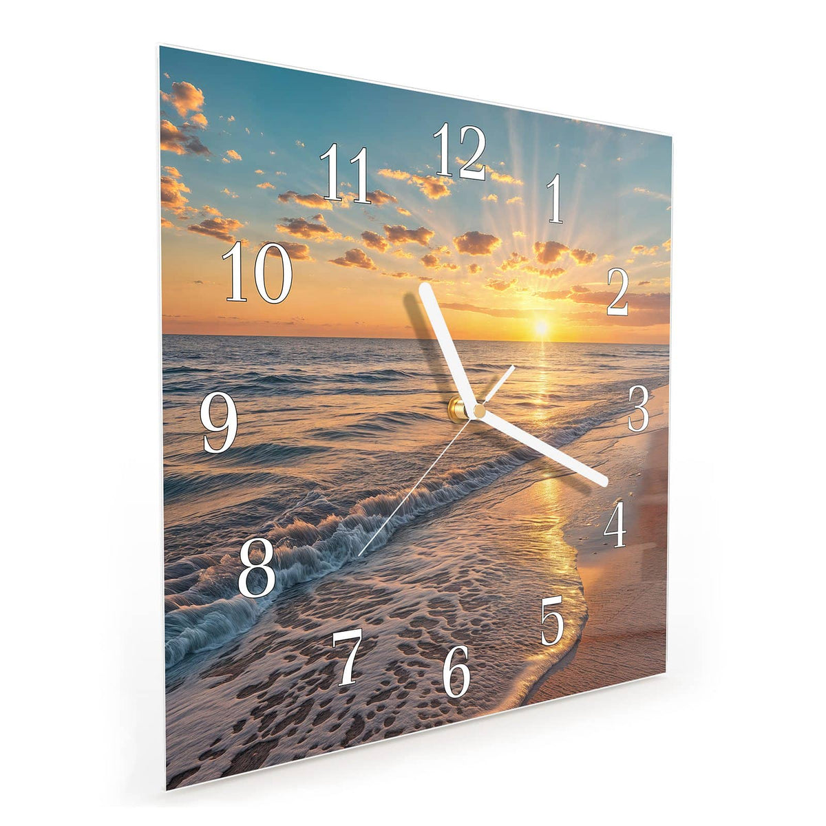 Quadratische Wanduhr aus Glas Abendsonne am Strand schräg von der Seite, 4 mm starkes Glas