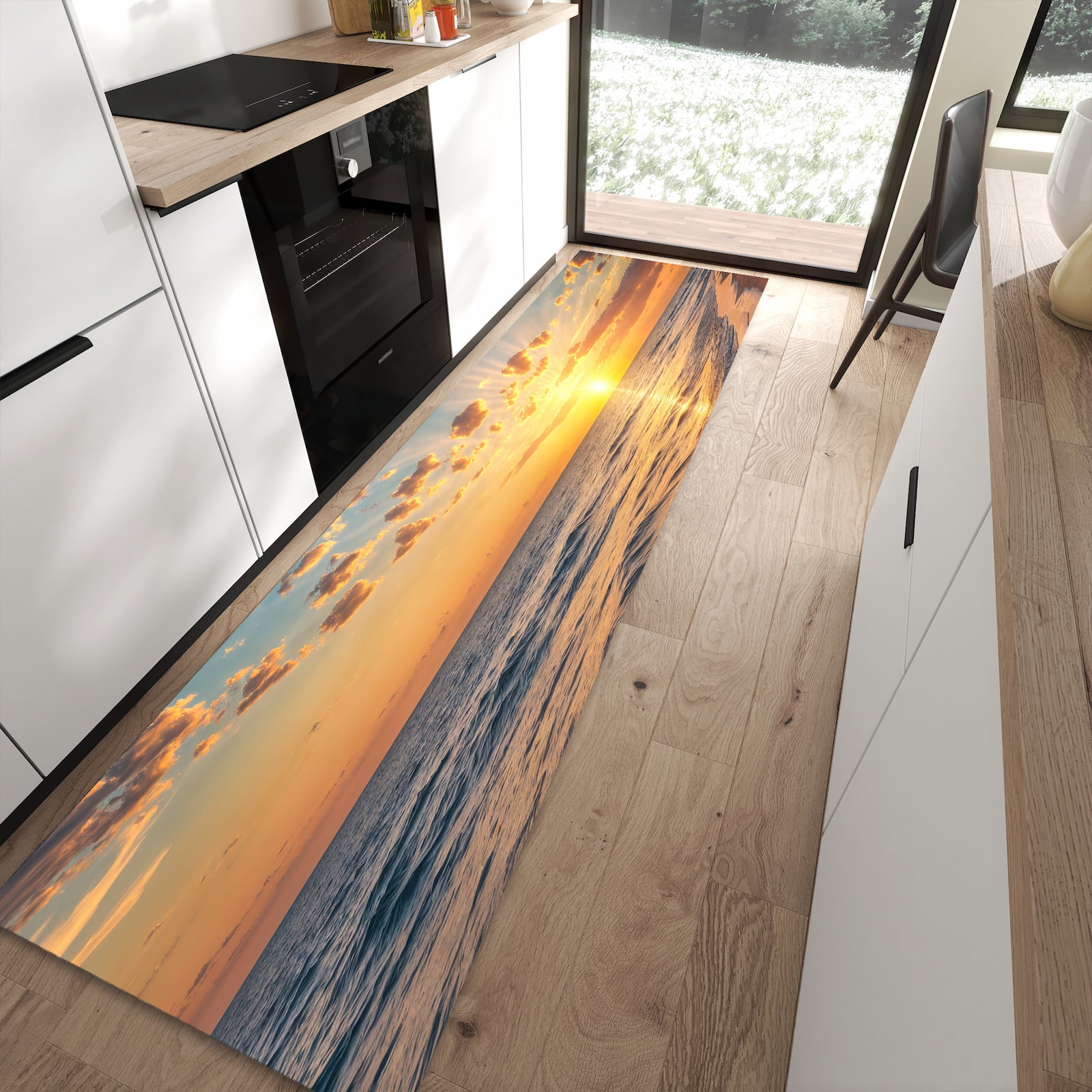 Komfortabler Küchenteppich mit Motiv Sonnenaufgang Meer in moderner Küche
