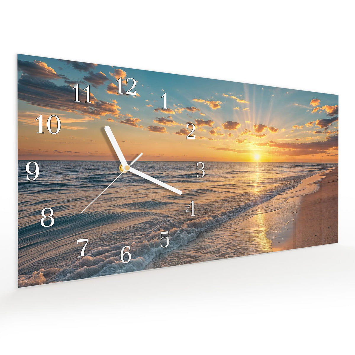 Vormontiert – mit Schwebeeffekt – Wanduhr Sonnenaufgang Meer aus Glas – Querformat 60 × 30 cm