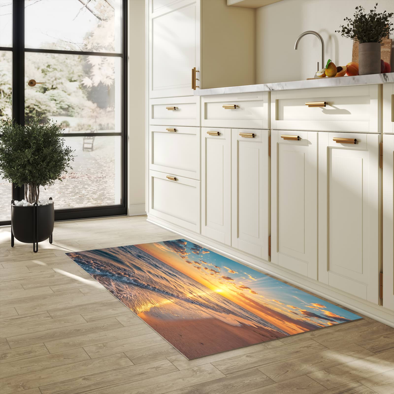 Zeitsparender Küchenteppich mit Motiv Sonnenaufgang Meer in heller Küche