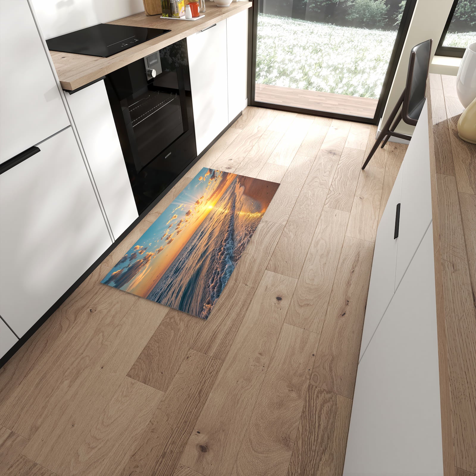Abriebfester moderner Küchenläufer mit Motiv Sonnenaufgang Meer in moderner Küche #grösse_60 x 120 cm