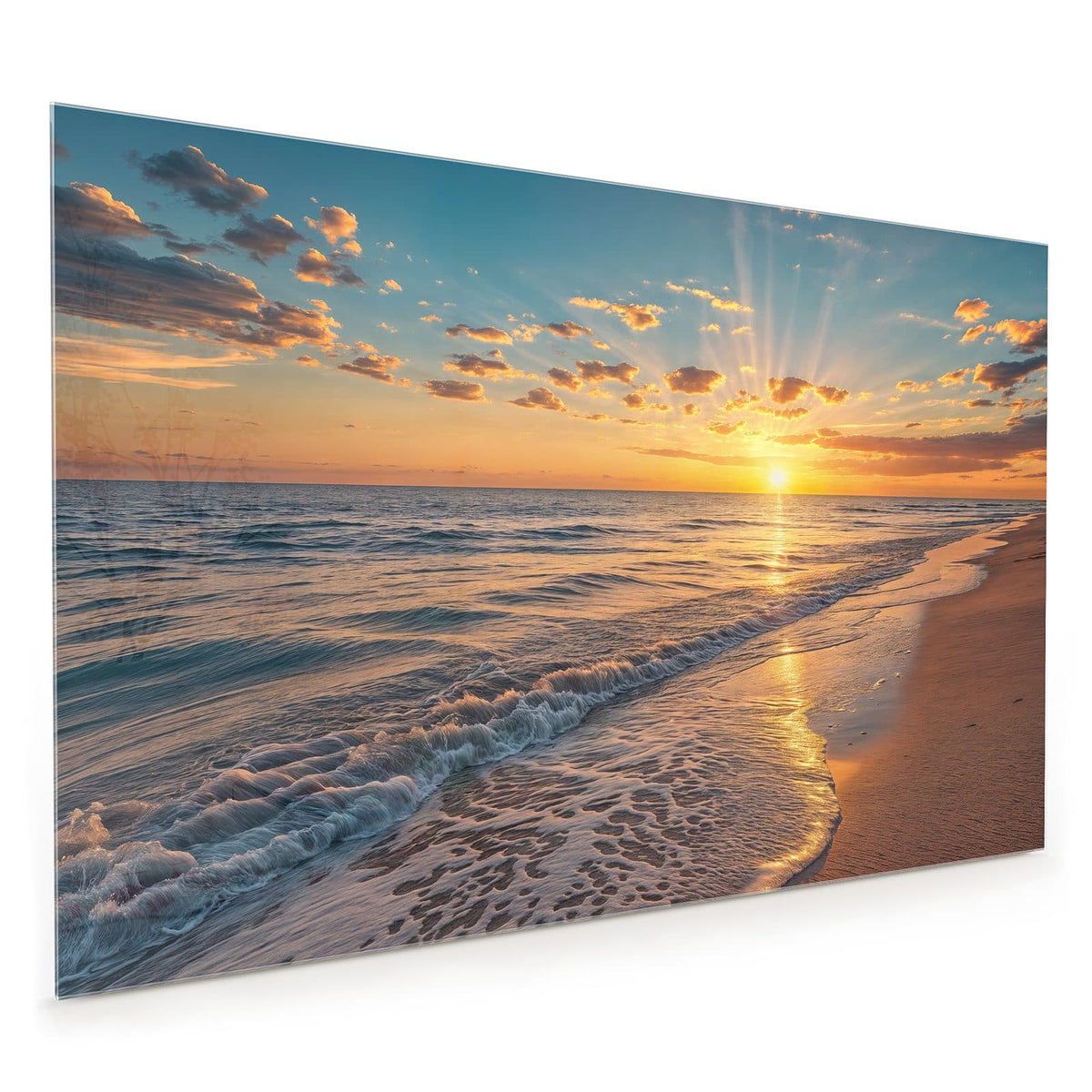 Küchenrückwand aus Glas im Hochformat mit Motiv Abendsonne am Strand: Tiefstehende Sonne mit kräftigen Strahlen über dem Meer