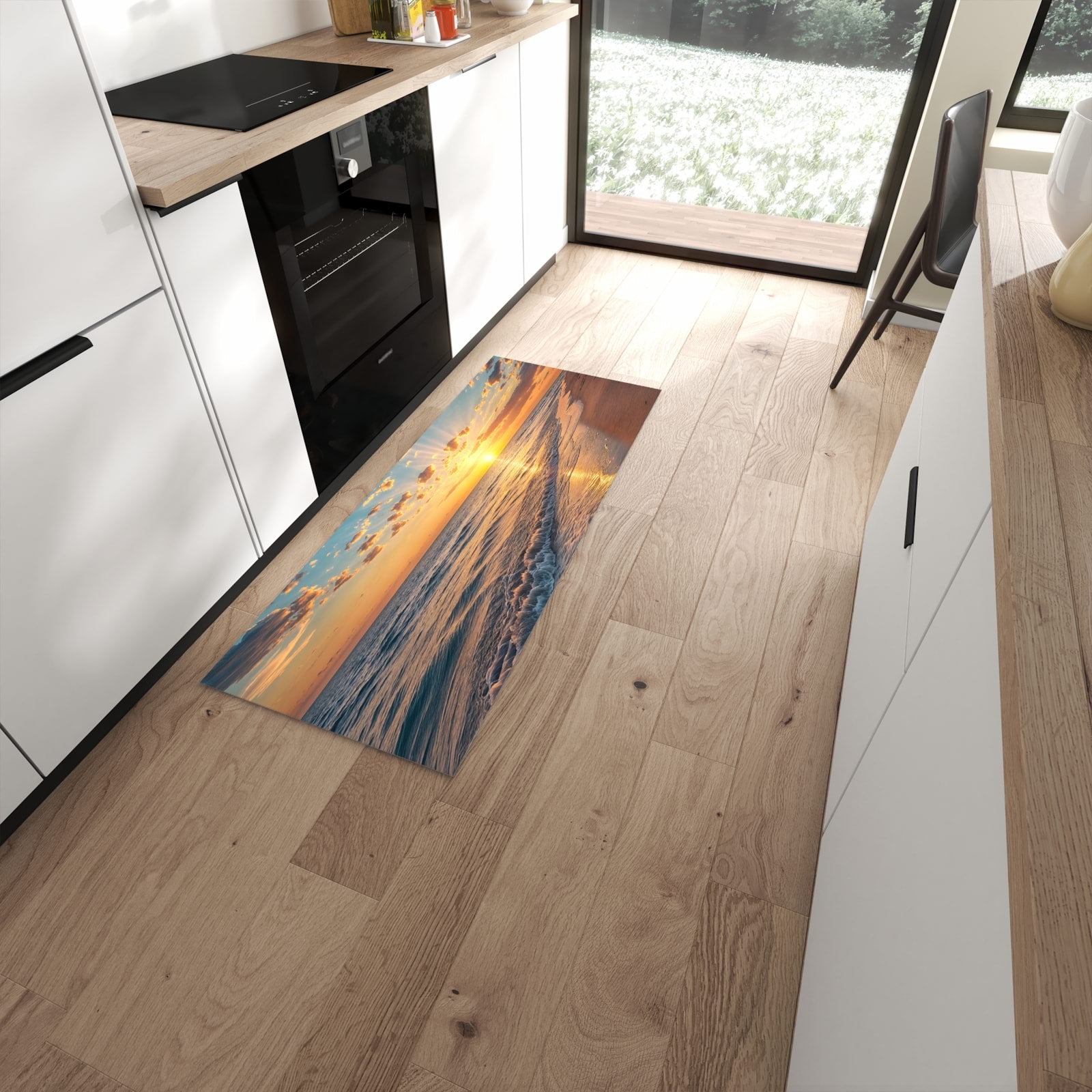 UV-beständiger abwaschbarer Küchenläufer mit Motiv Sonnenaufgang Meer in moderner Küche #grösse_60 x 150 cm