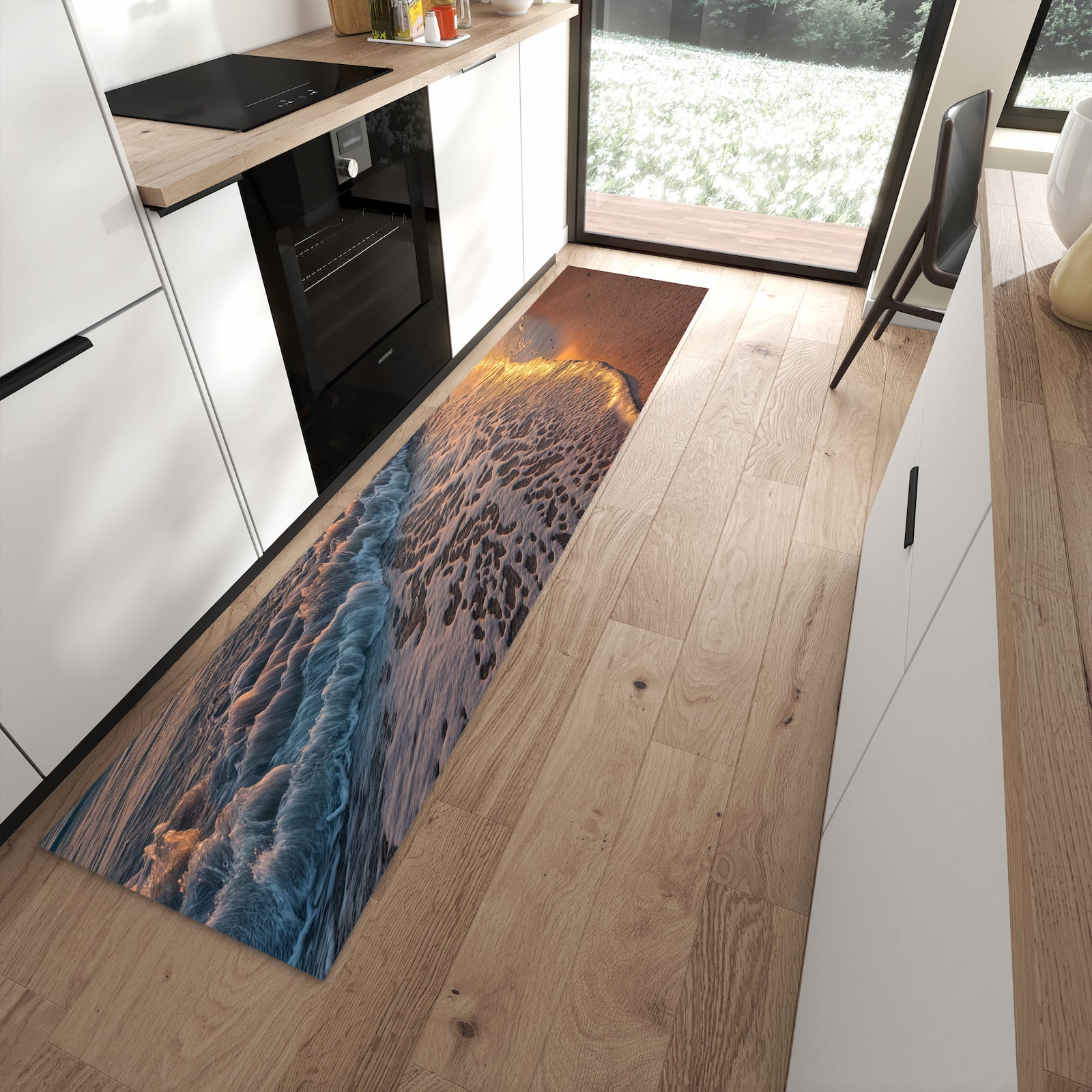 Fleckenresistenter Küchenteppich mit Motiv Sonnenaufgang Meer in moderner Küche